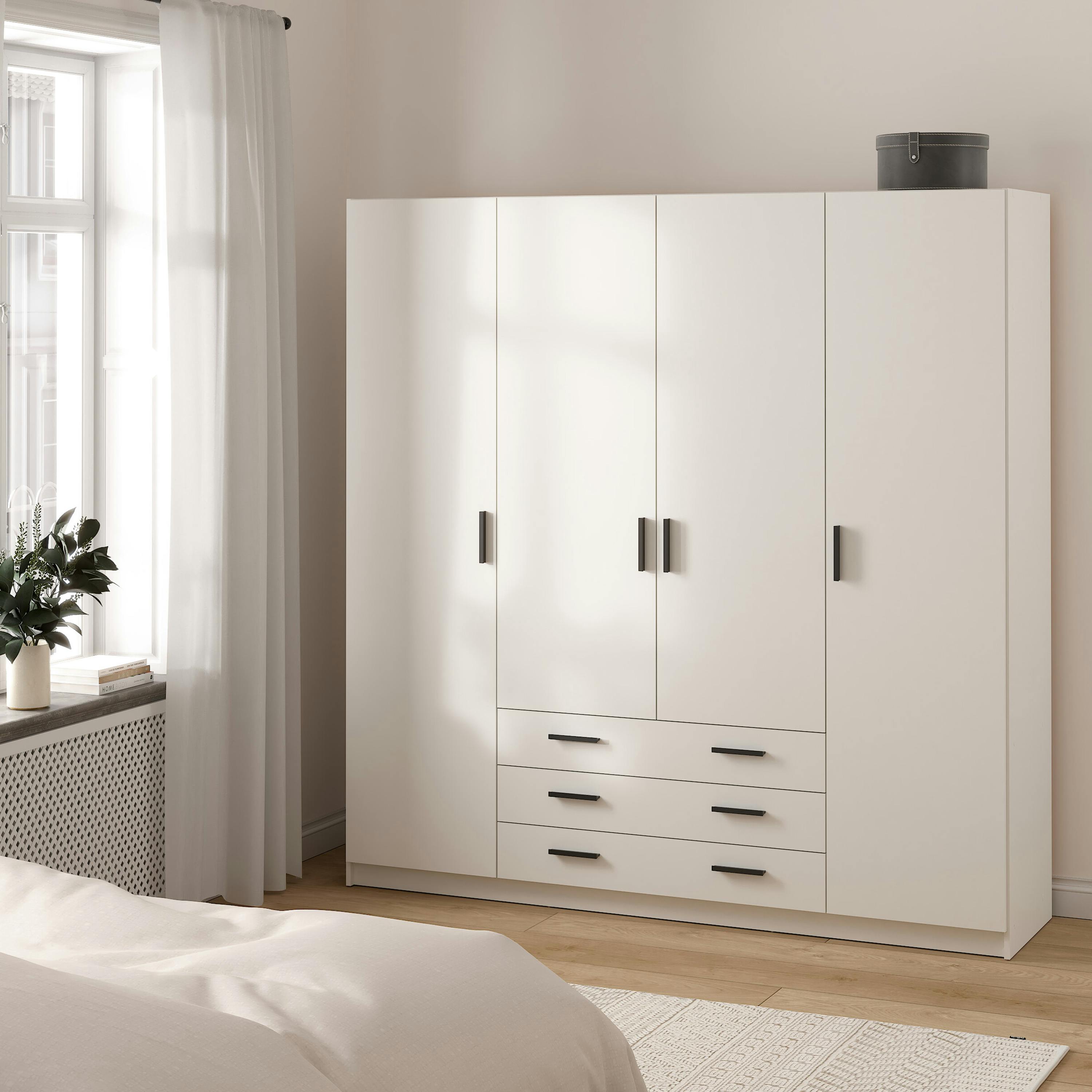 Rackhams White Sprint Wardrobe With 4 Doors + 3 Drawers In - W 195.5 X H 200.4 X D 49.6Cm - Malemine