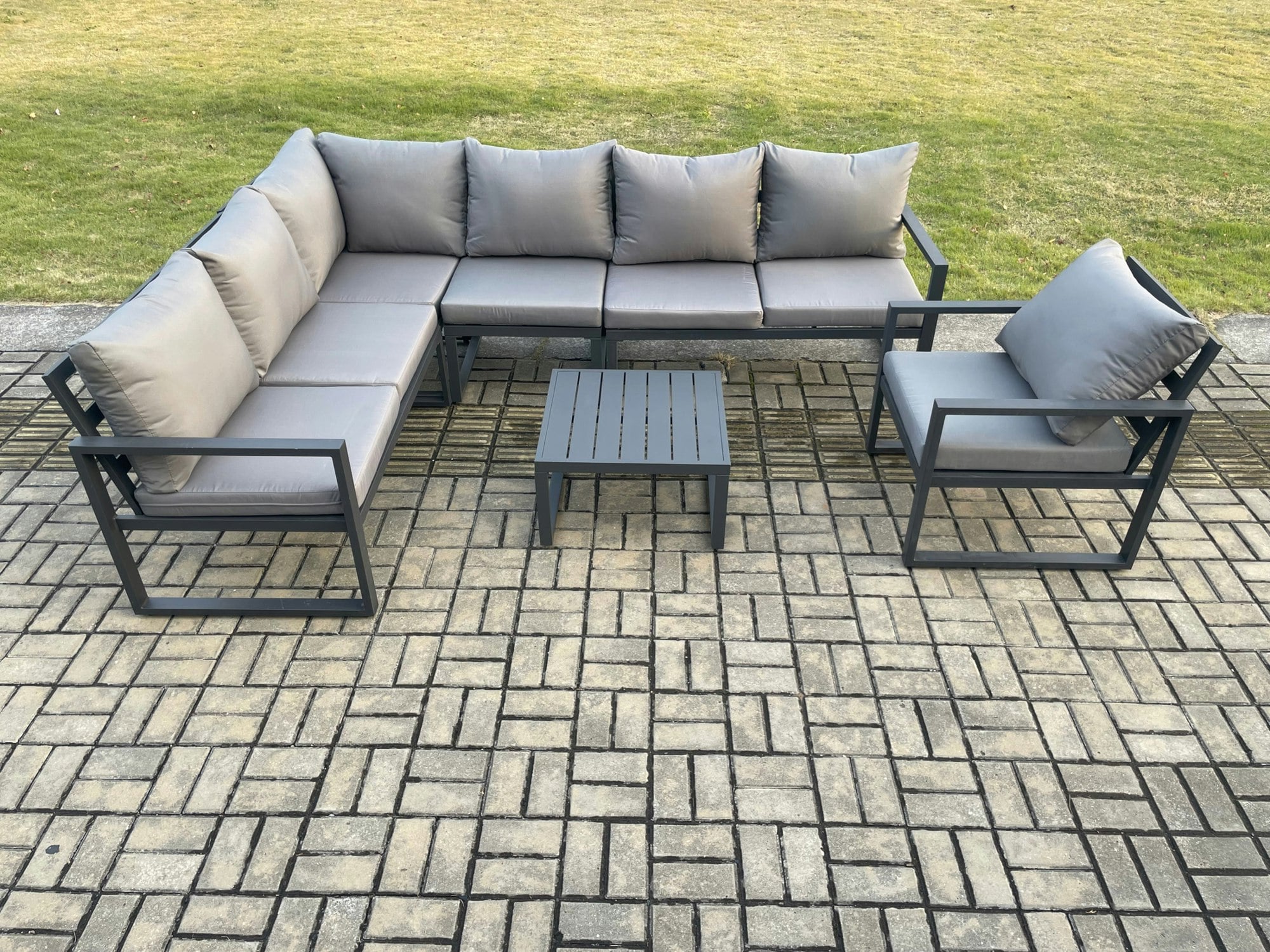 Rackhams Dark/Grey Aluminium Garden Furniture Set Outdoor Lounge Corner Sofa Chair Square Coffee Table Sets 7 Seater