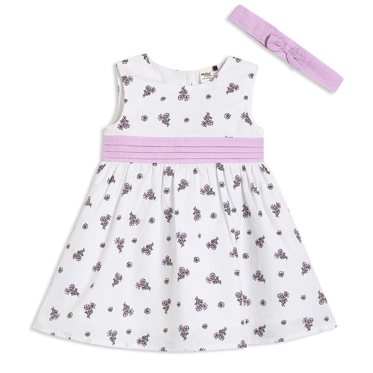 Mini Cuddles Women's White Baby Girls Printed Dress With Headband, - 12-18 Months