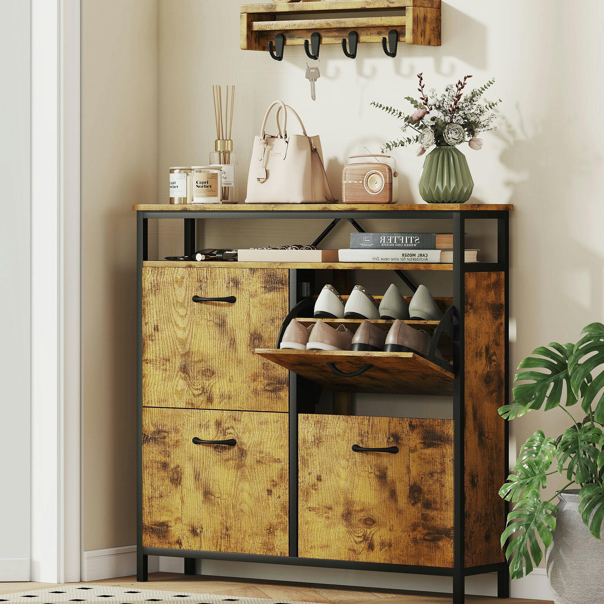 Rackhams Grey/Brown Shoe Cabinet With 4 Flip Drawers, Holds 12-20 Pairs, Cement - Rustic - Image 3