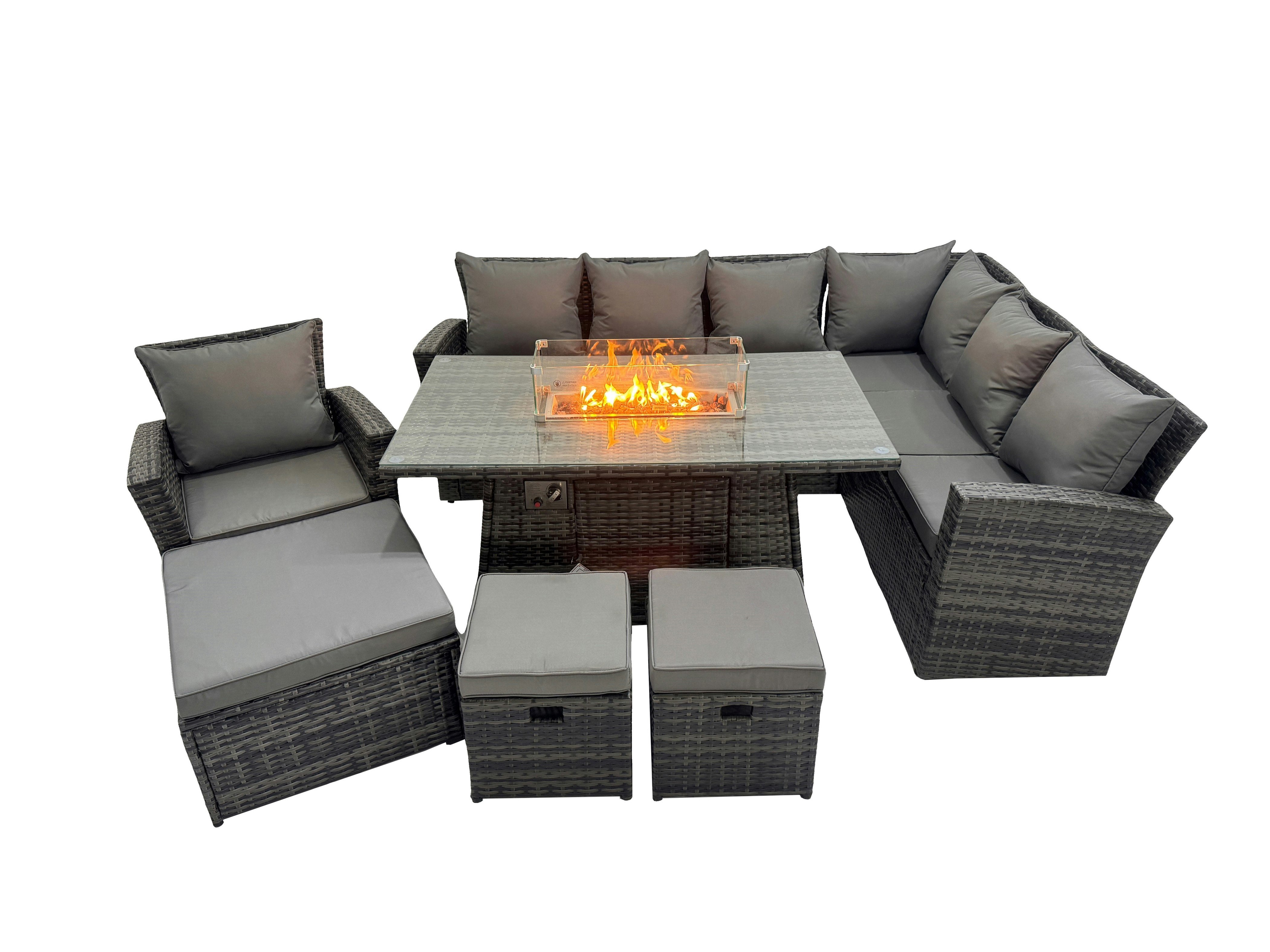 Rackhams Dark/Grey Outdoor Furniture Garden Dining Set Rattan Corner Sofa Chair Set Gas Fire Pit Table With Temper Glass 3 Footstools Mixed