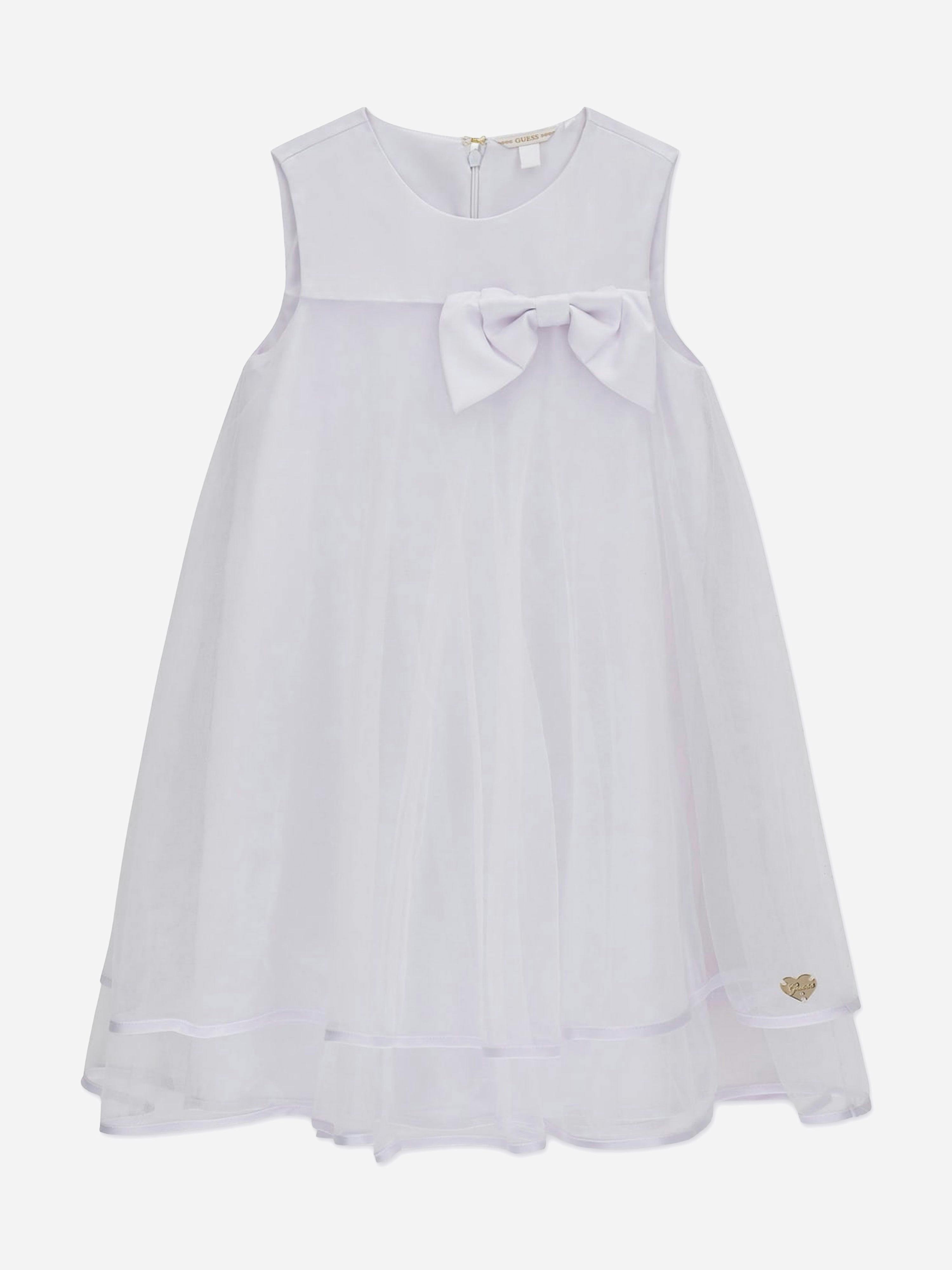 Guess Girls White Bow Ceremony Dress In - 10 Yrs