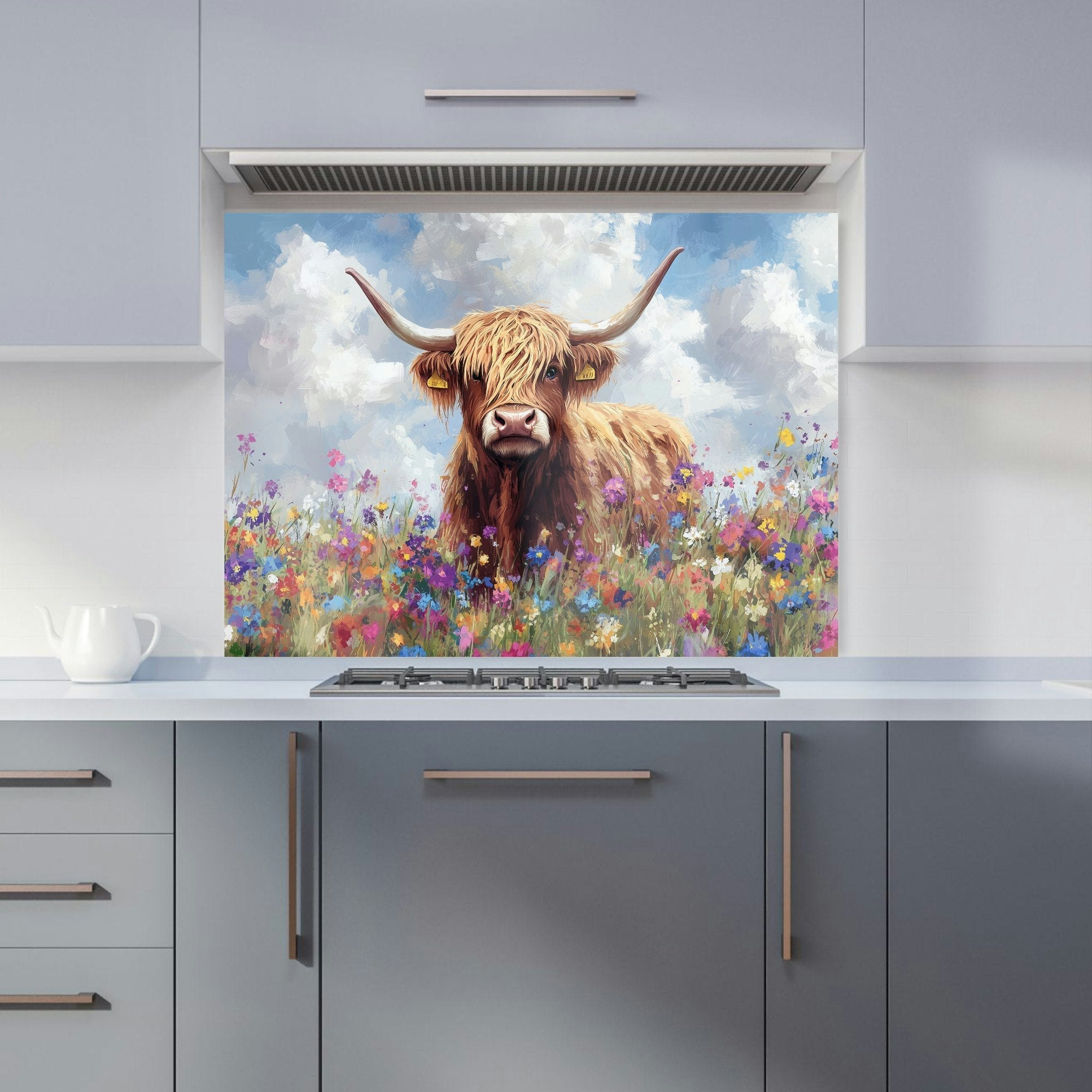 Warren Reed - Highland Cow In A Summer Meadow Kitchen Splashback - W900mm X H650mm