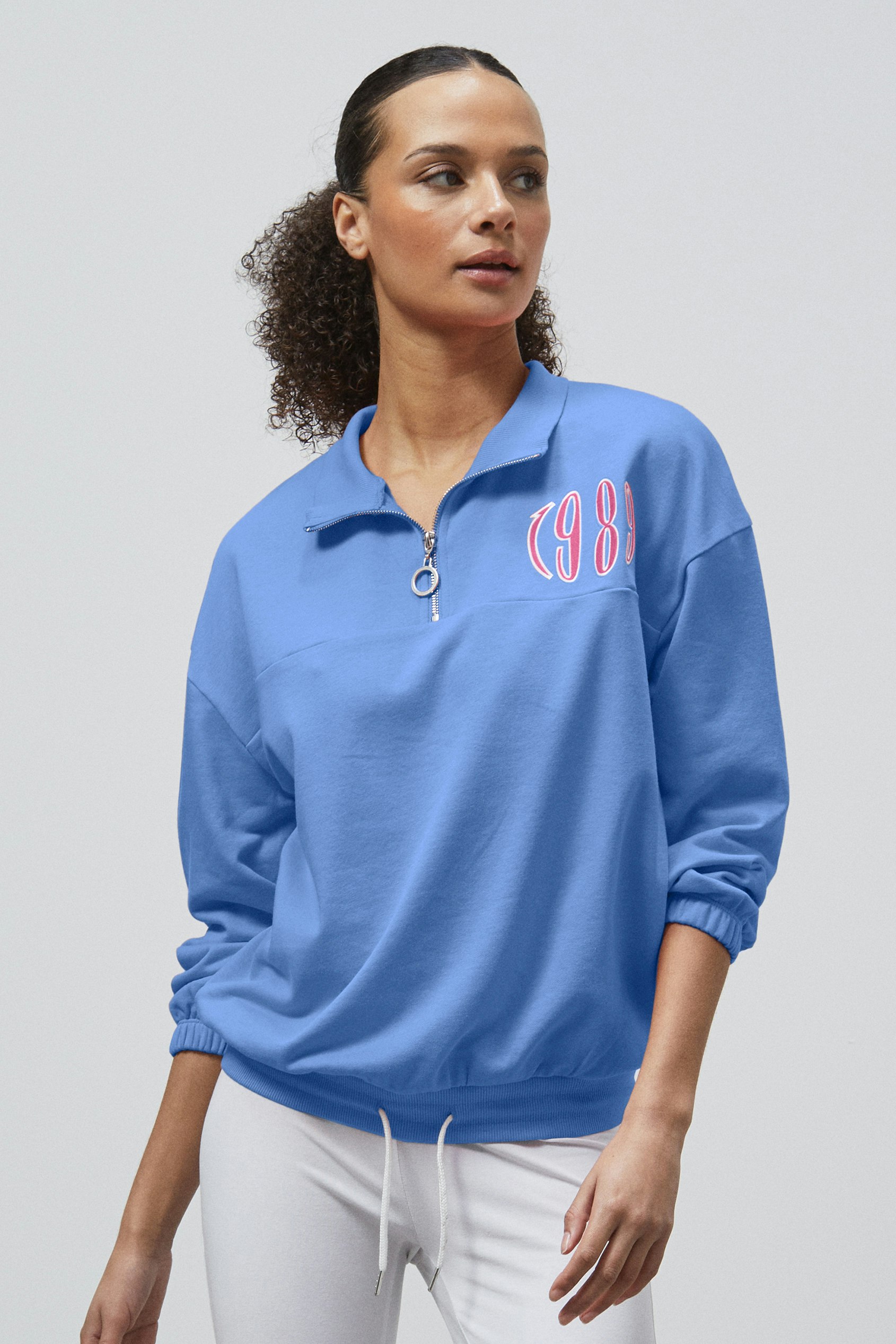 Enorsia Blue Half Zip High Neck Embroidery Sweatshirt - 16 - 77% Cotton 23% Polyester