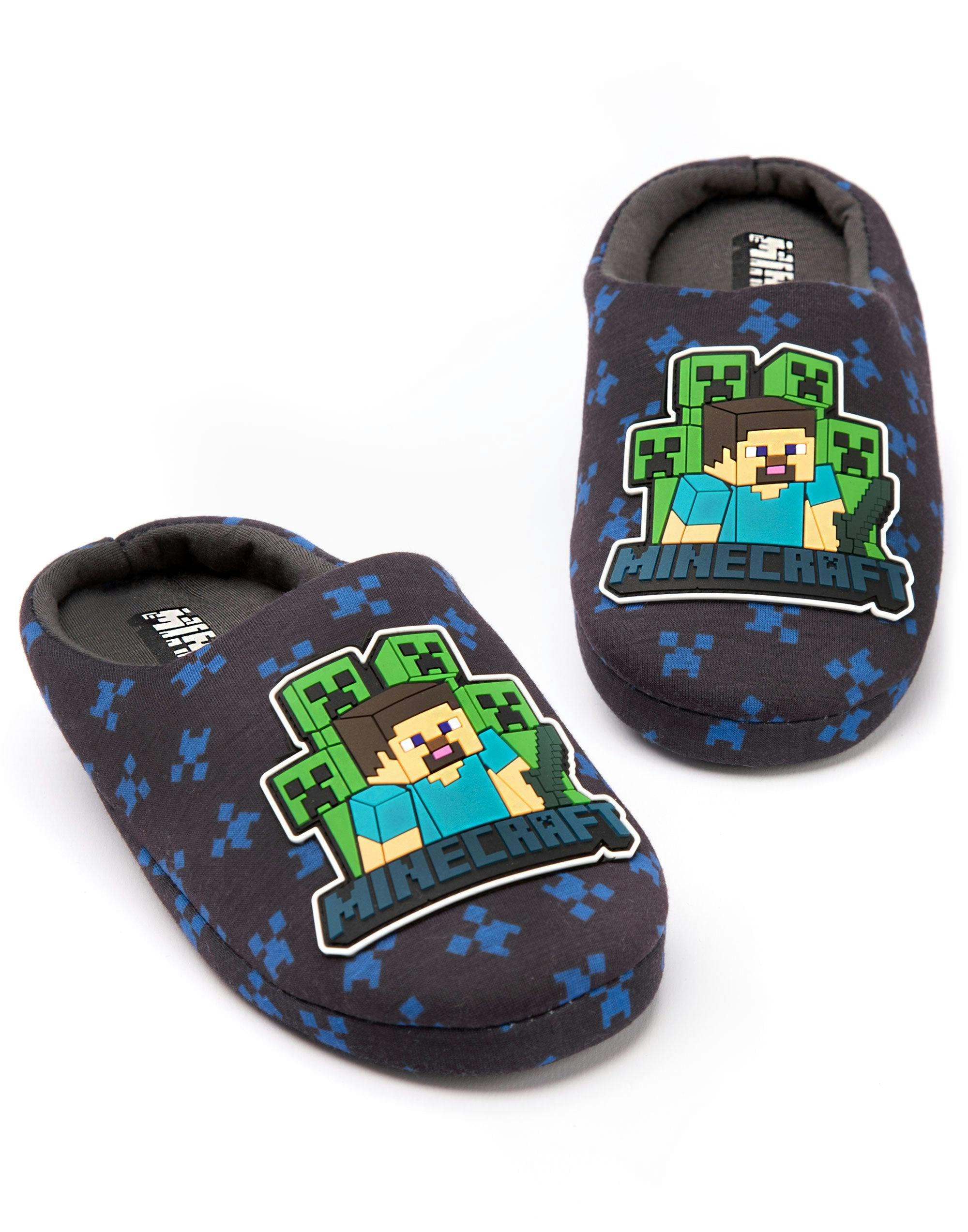 Vanilla Underground Boys Blue Minecraft Creeper Zombie Sequin Applique Slip On Loafer Slippers [Dis] - 13 Uk Child