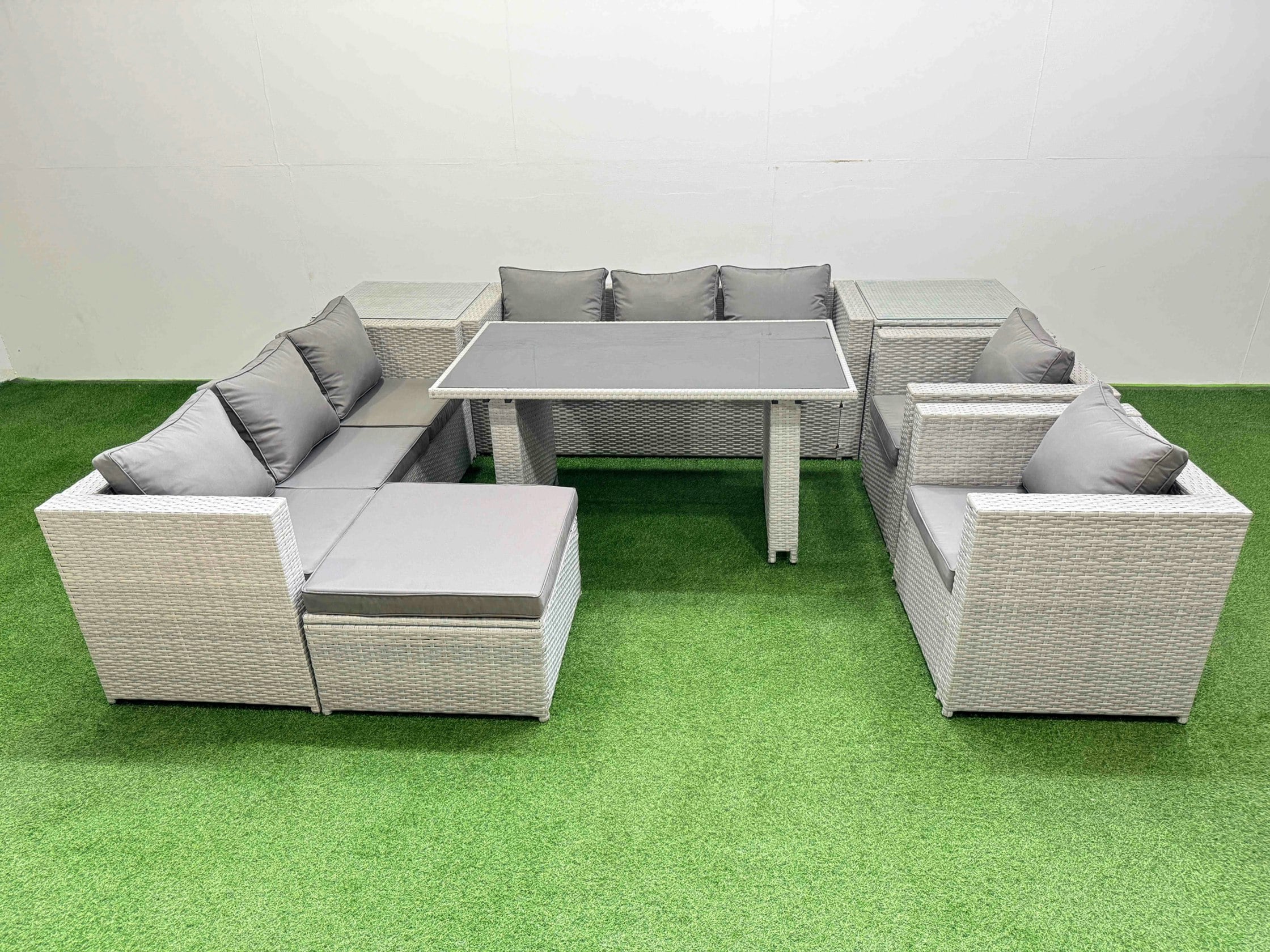 Fimous Light/Grey 9 Seater Wicker Pe Rattan Furniture Outdoor Dining Table 3 Seater Sofa Armchair Set With 2 Side Tables Big Stool