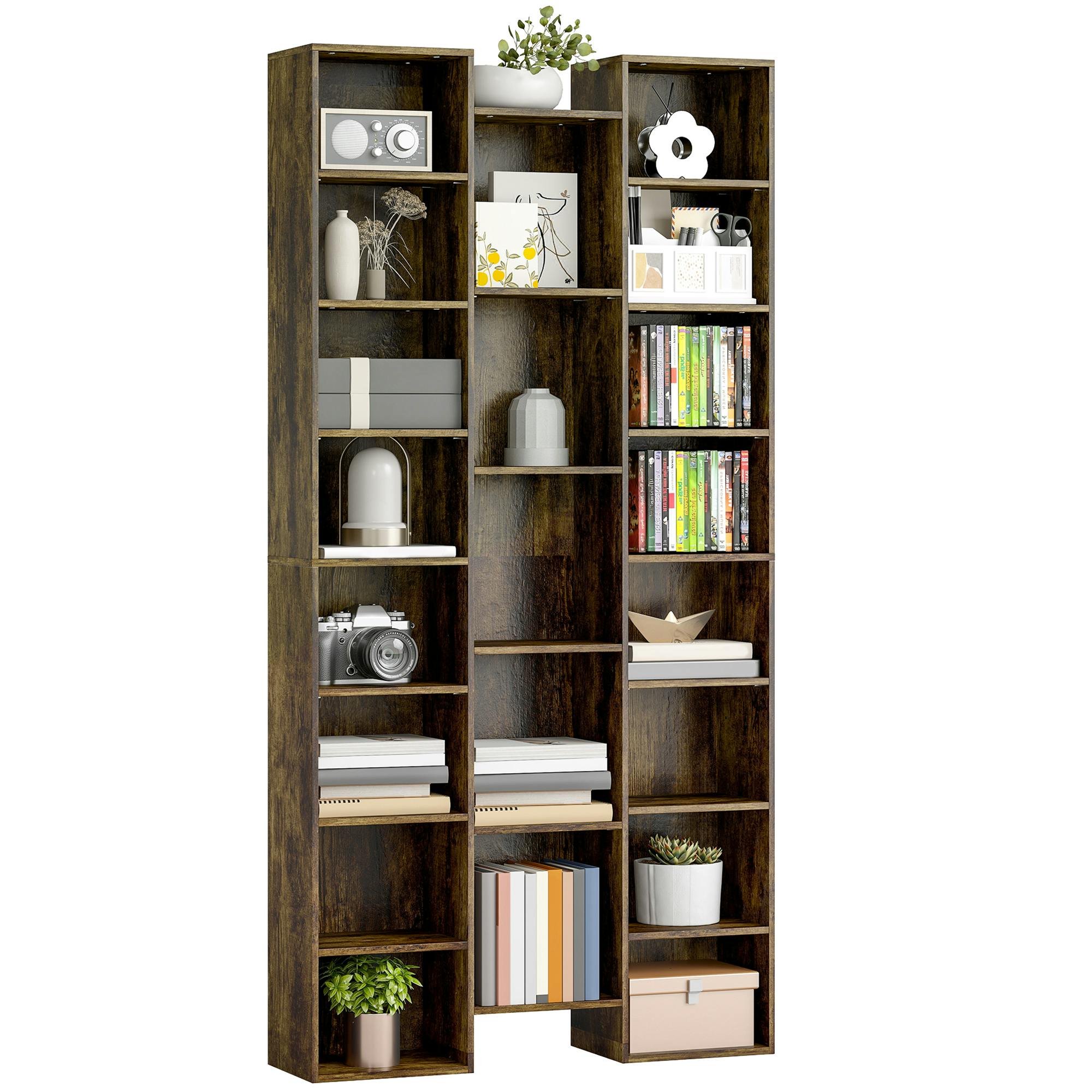 Rackhams Black/Brown Tall Bookshelf With 21 Compartments And 10 Adjustable Shelves, - Rustic