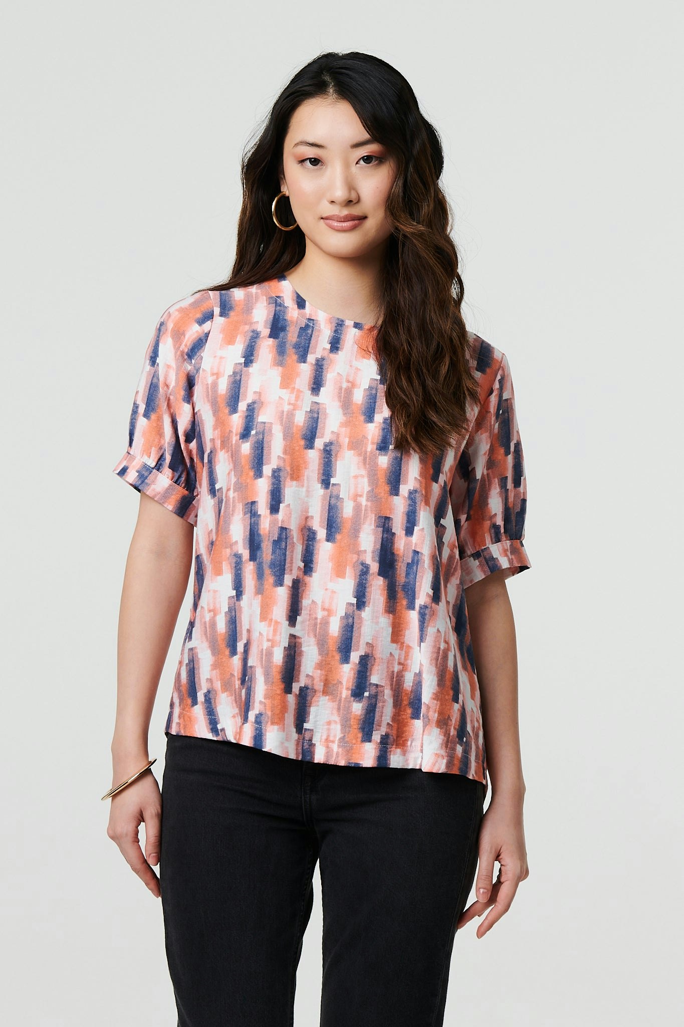 Izabel London Orange Printed 1/2 Turn-Up Sleeve Blouse - 16