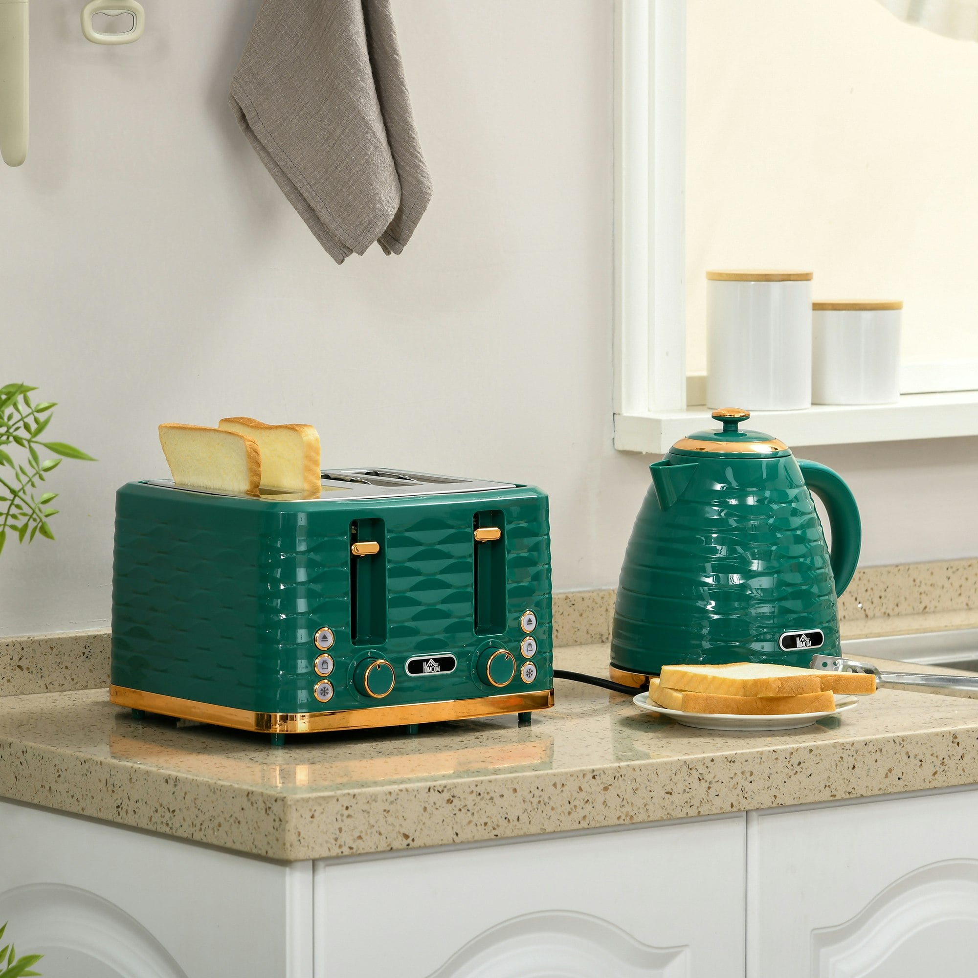Homcom Green Kettle And Toaster Set 1.7L Rapid Boil Kettle & 4 Slice Toaster
