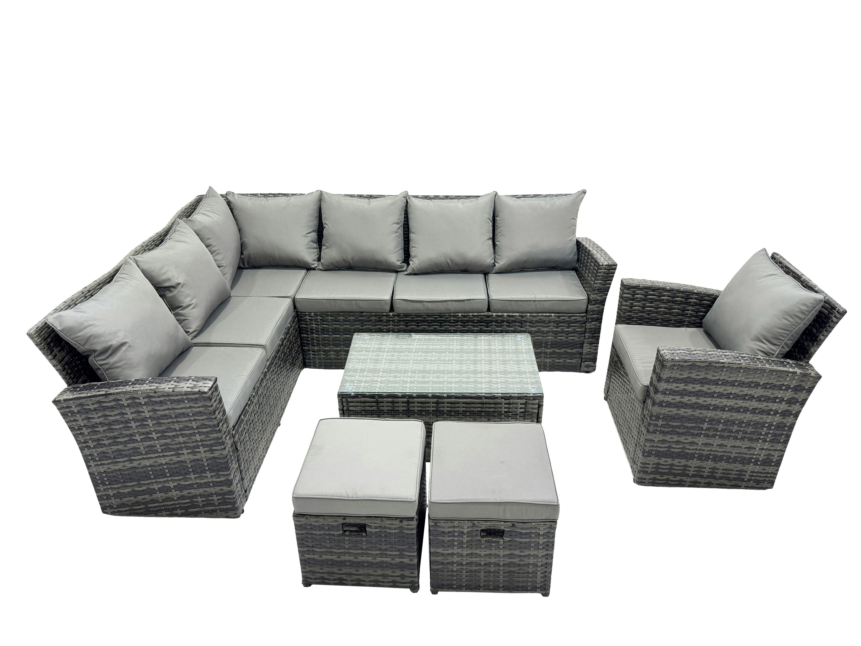 Fimous 9 Seater High Back Rattan Garden Furniture Set Corner Sofa With Oblong Coffee Table Footstool With Chair