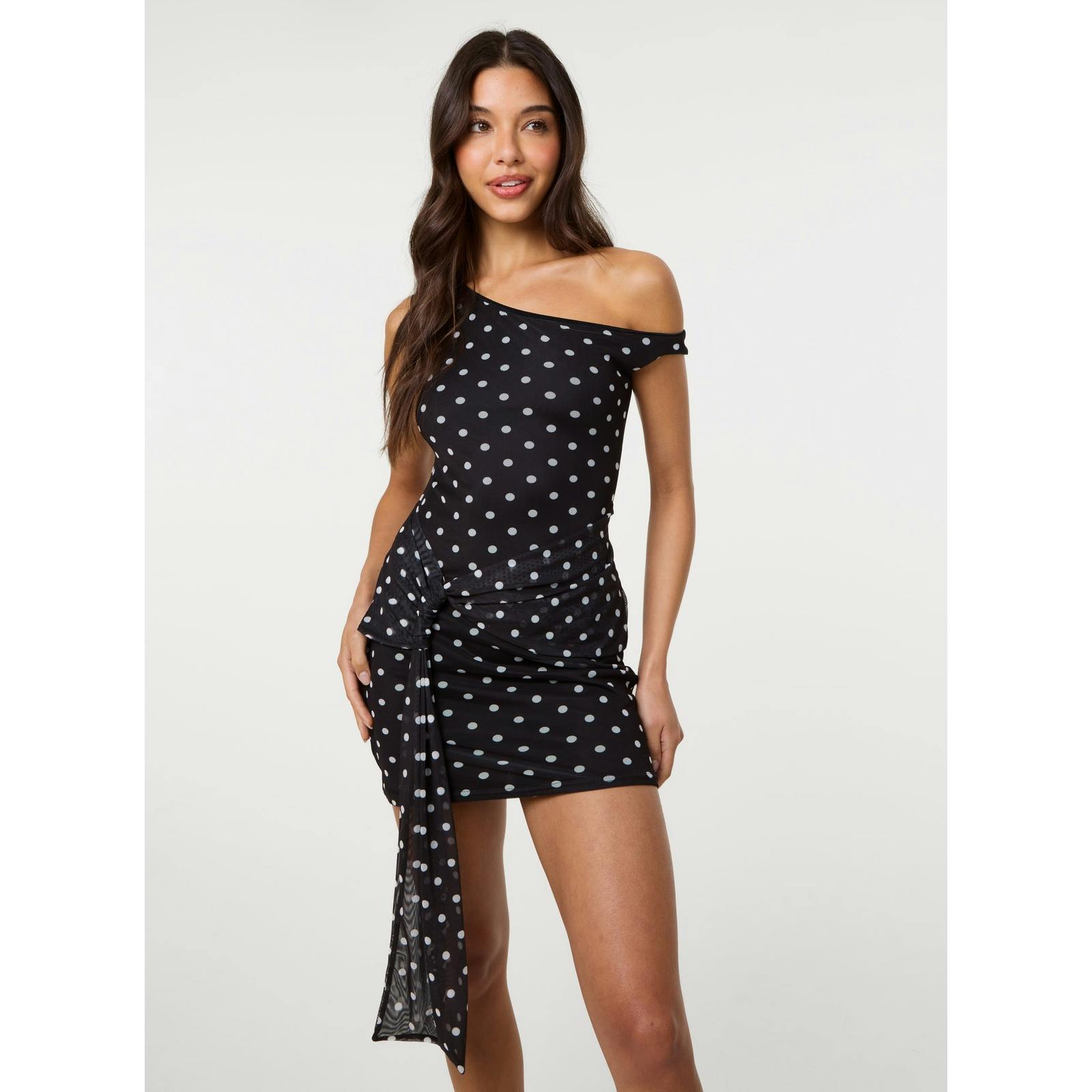 Pink Vanilla Pink/Ivory Vanilla Polka Dot Tie Side Mesh Bodycon Dress - M