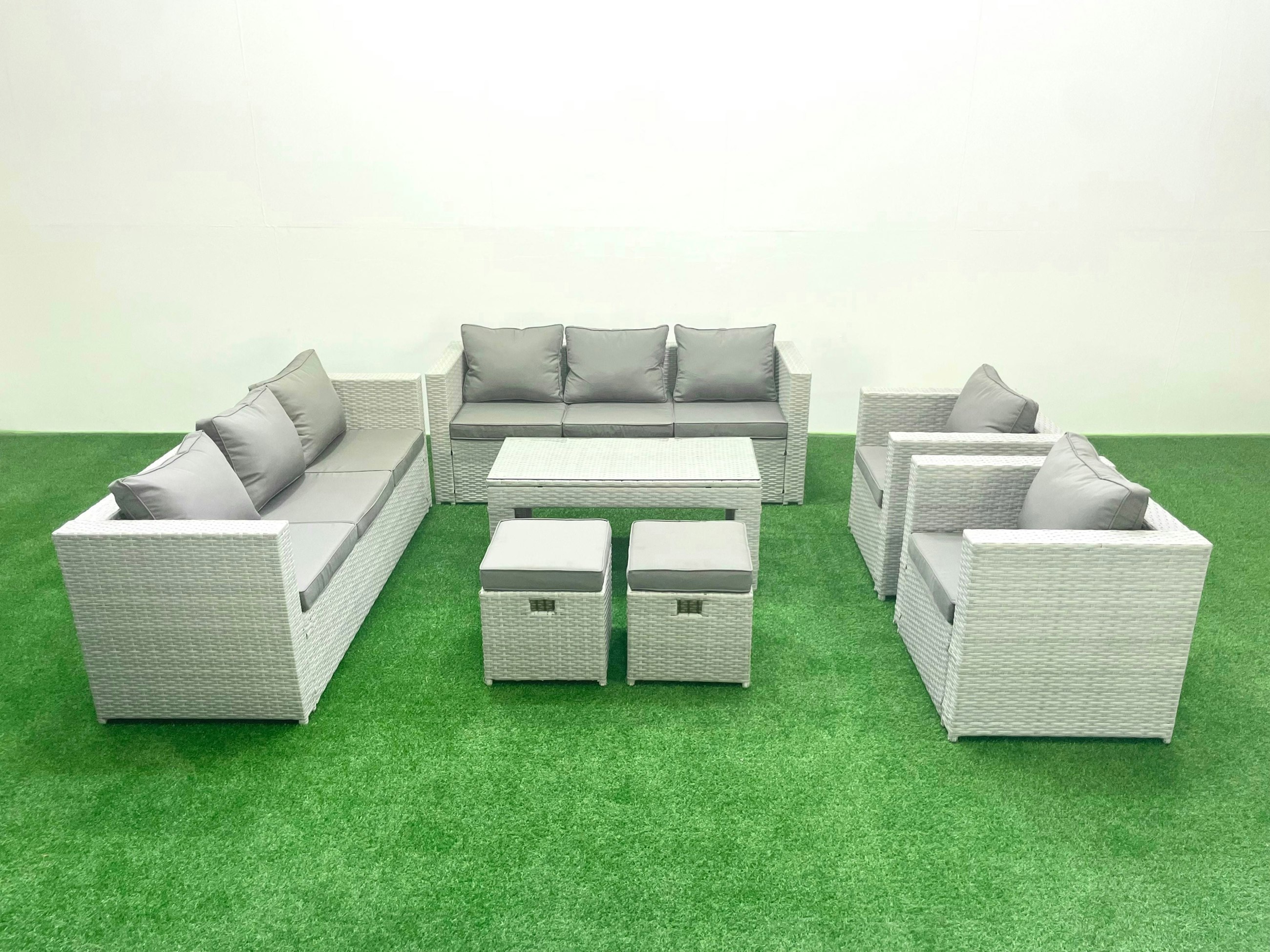 Rackhams Light/Grey Outdoor Garden Furniture Rattan Sofa Set With 2 Armchairs Oblong Coffee Table 2 Small Footstools Mixed