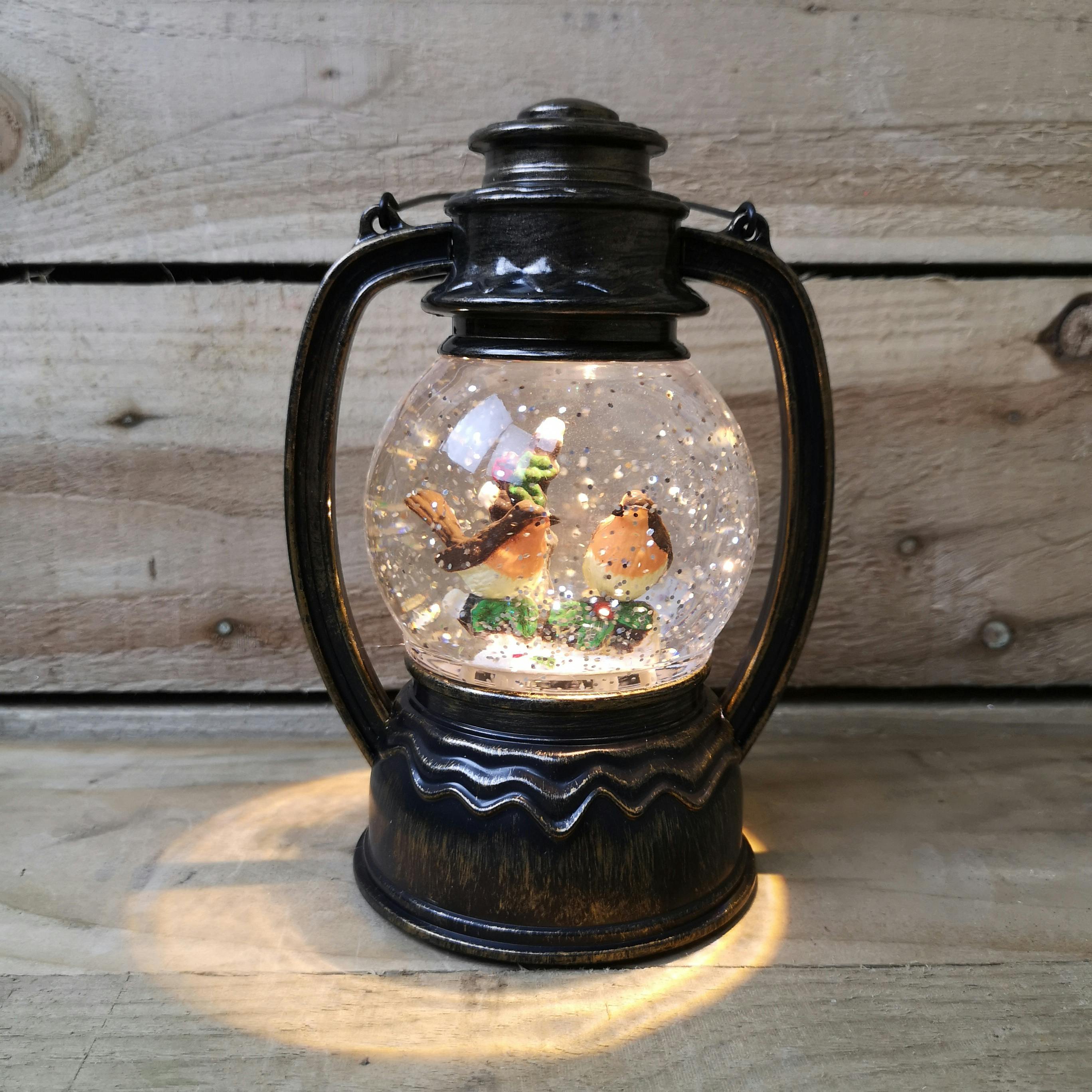 Rackhams Bronze/Silver/White 20Cm Dual Power Led Christmas Glitter Water Spinner Antique Lantern Robin Scene