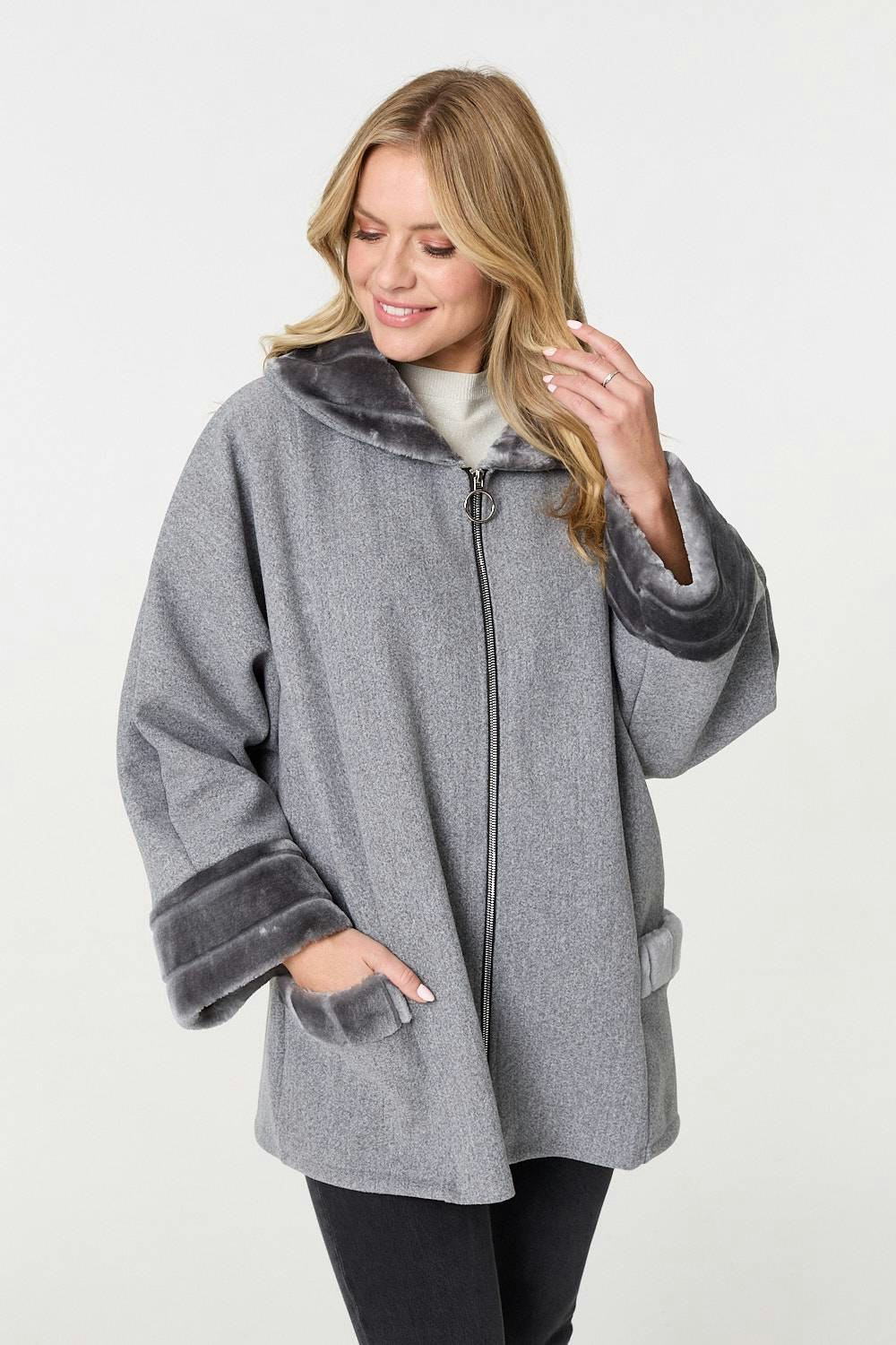 Izabel London Grey Faux Fur Trim Zip-Up Relaxed Jacket - S/M