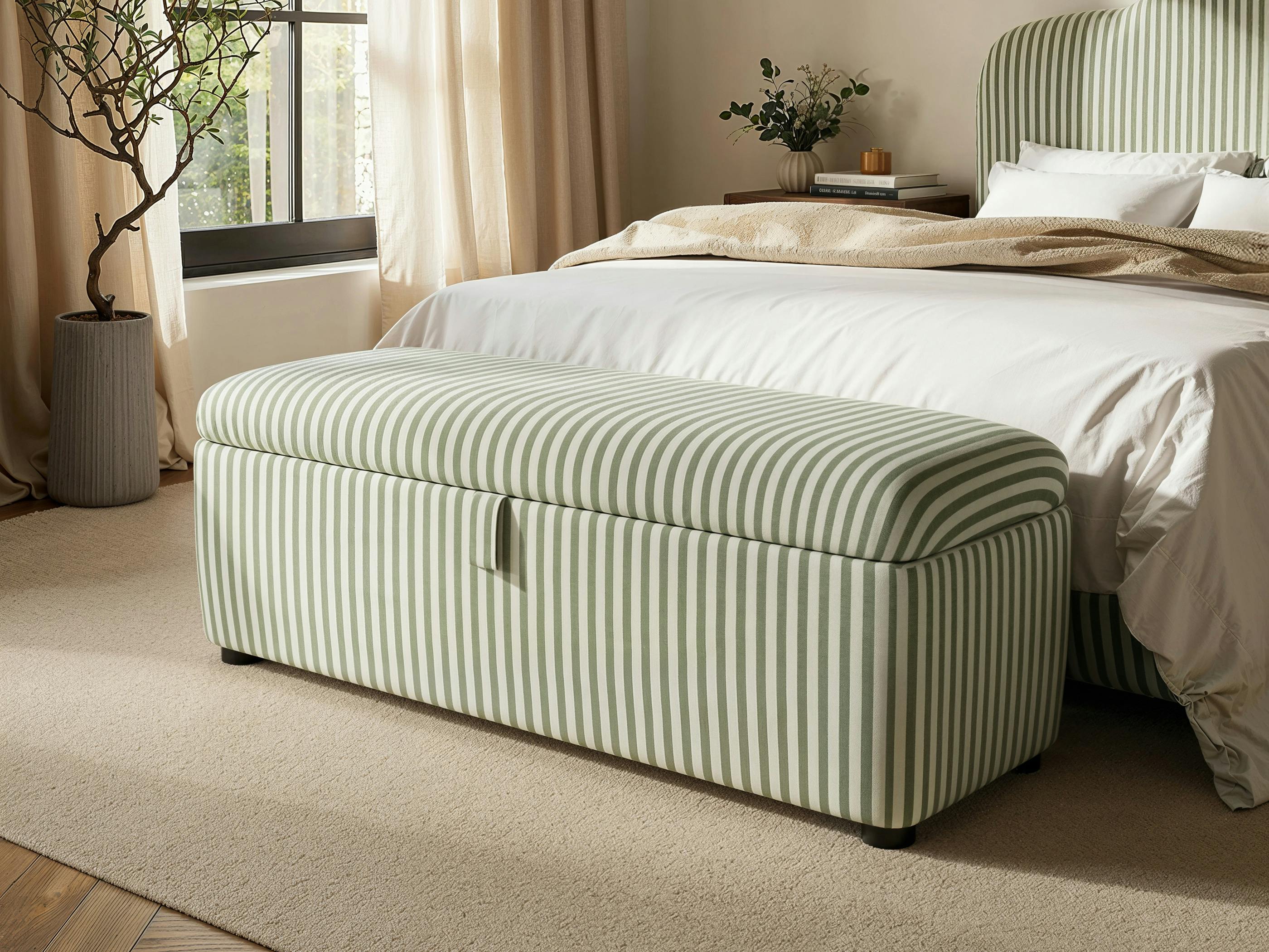 Solace+Co Skylynn Ottoman Blanket Box Cream Striped Woven Fabric - Cream & Green - Image 2