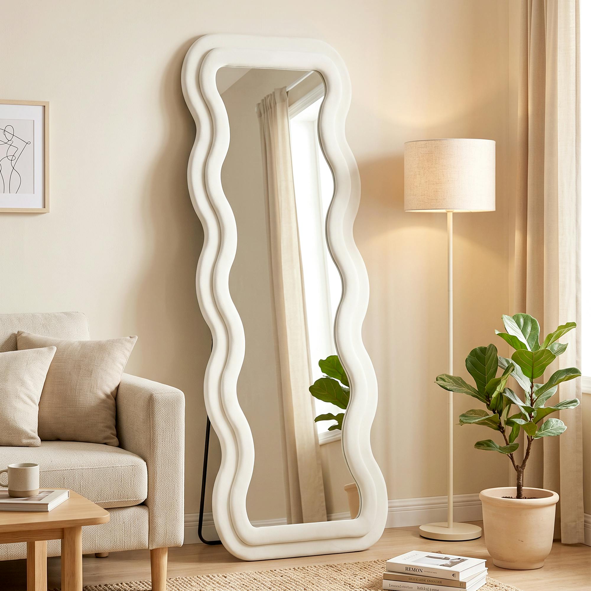 Homcom Cream Full Length Mirror, 160 X 60 Cm Velvet Wall Standing Mirror,