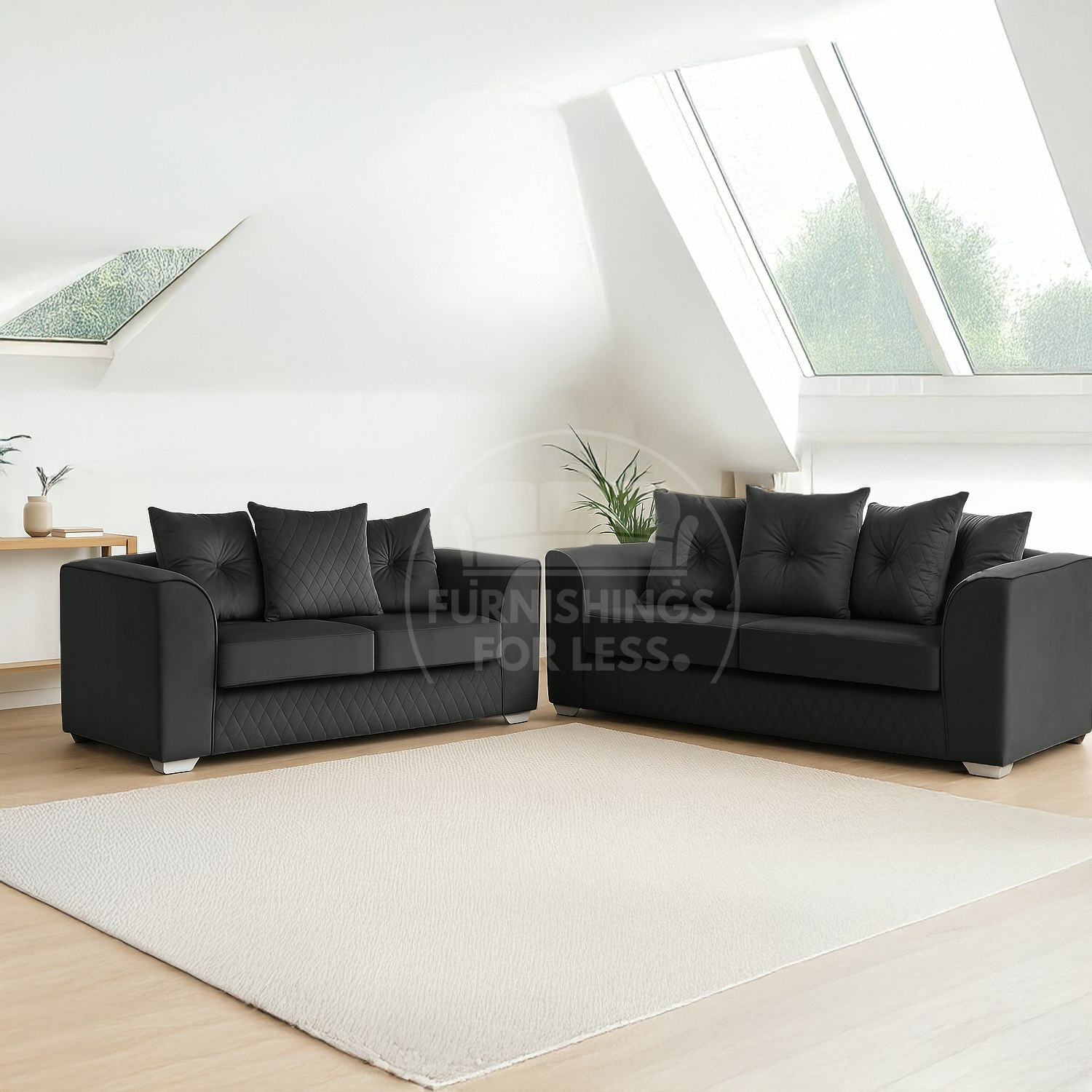 Furnishings For Less Black Victoria Plush Velvet Sofa Suite