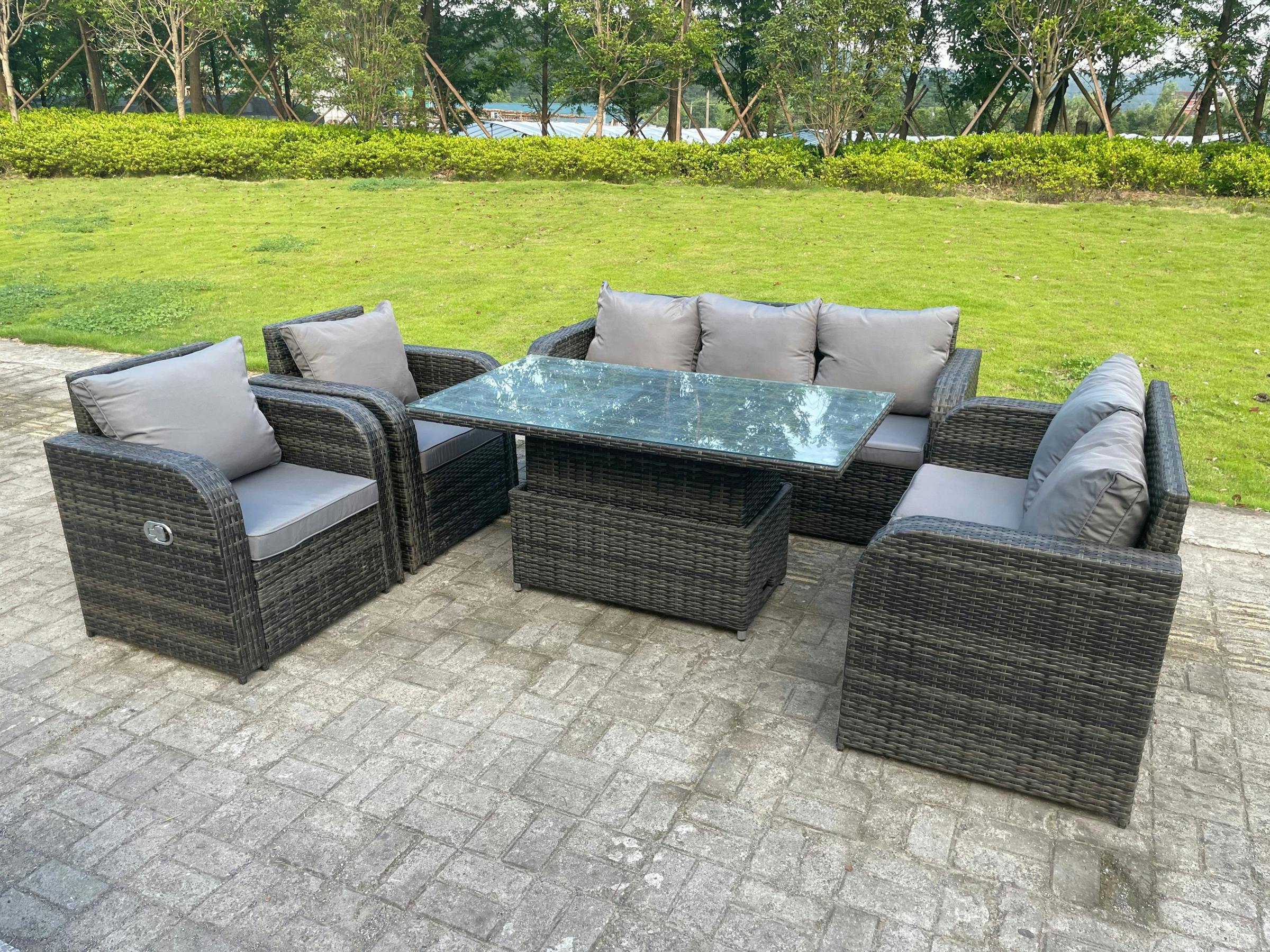 Fimous Dark/Grey Rattan Outdoor Garden Furniture Lifting Adjustable Dining Or Coffee Table Sets Love Seat 2 Seater Sofa 3 Seater Sofa Reclining Chairs 7 Seater