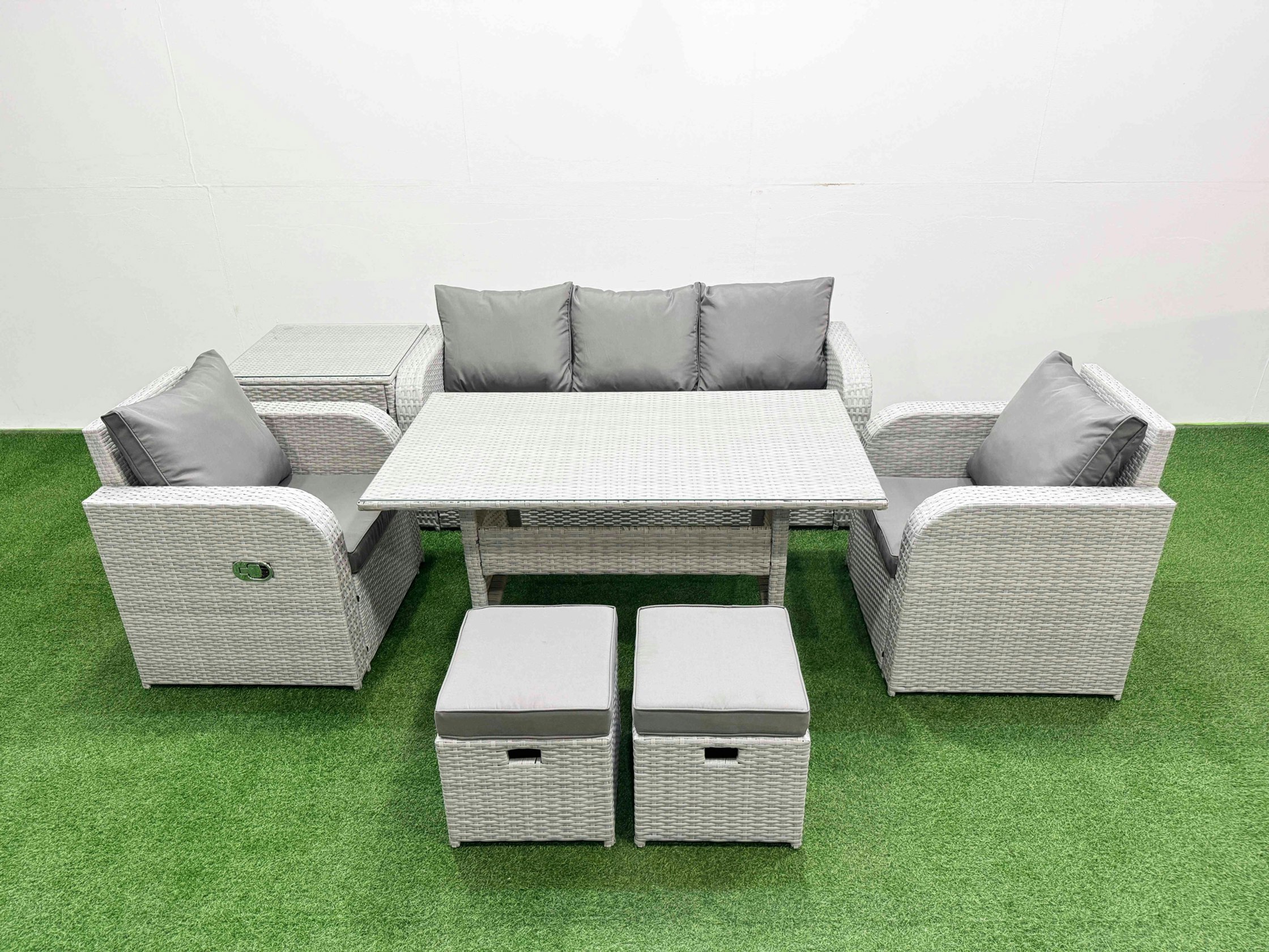 Fimous Light/Grey Pe Rattan Garden Furniture Set Reclining Chair Sofa Lounge Sofa Set Rectangular Dining Table Side Table 2 Small Stools