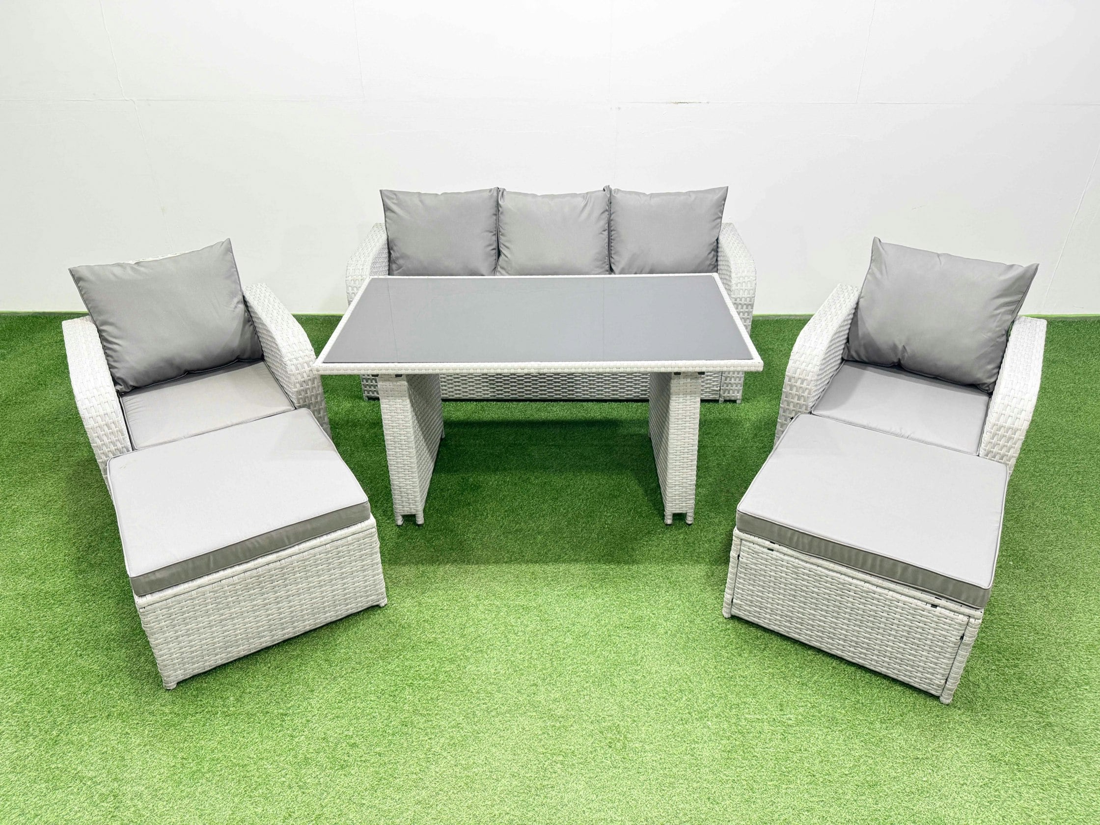 Fimous Outdoor Rattan Garden Furniture Dining Set 7 Seater Patio Rectangular Table 3 Seater Sofa Reclining Chair Set With 2 Big Stools