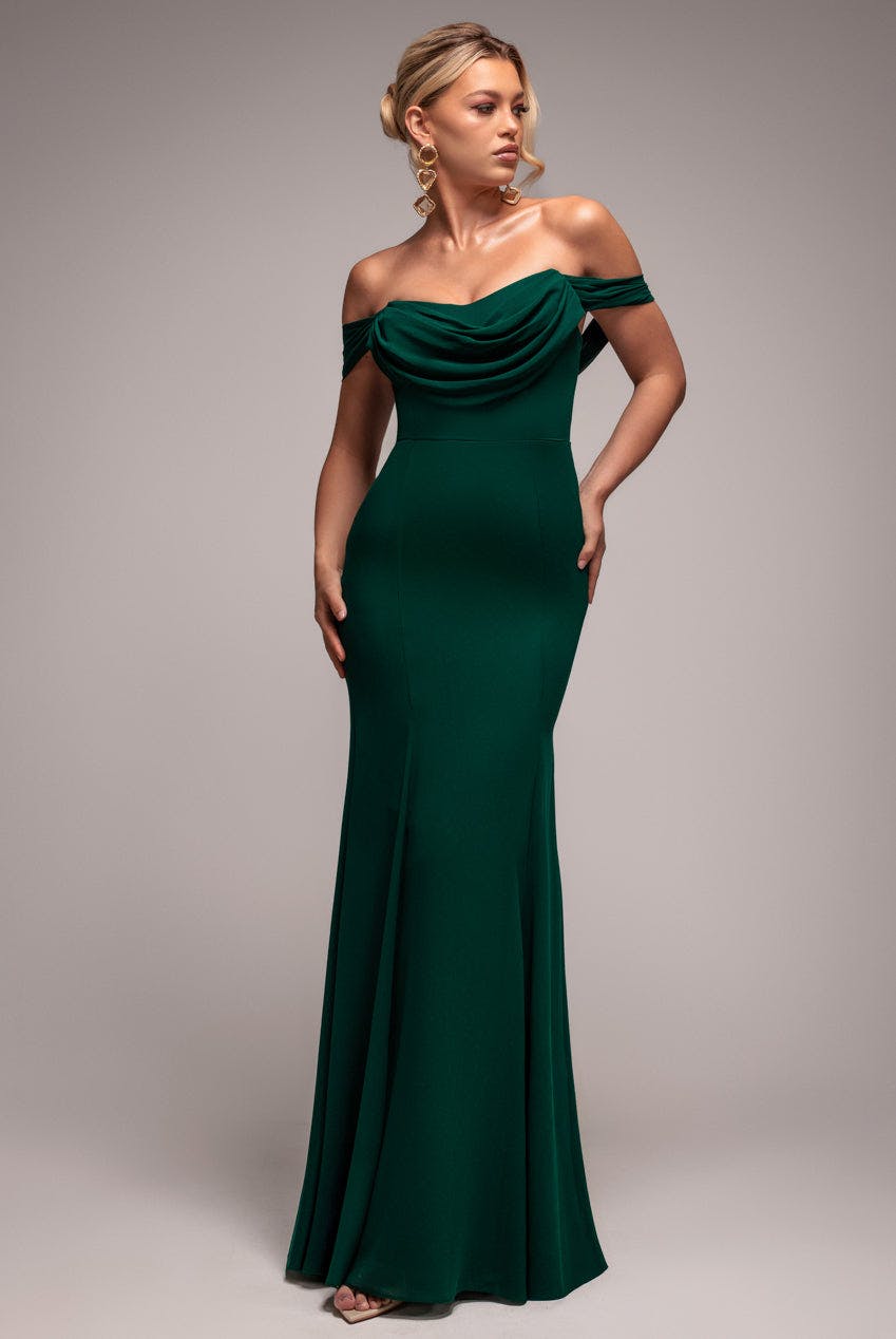 Goddiva Green Chiffon Bardot Cowl Neck Maxi Dress - Emerald By - Emerald - 14