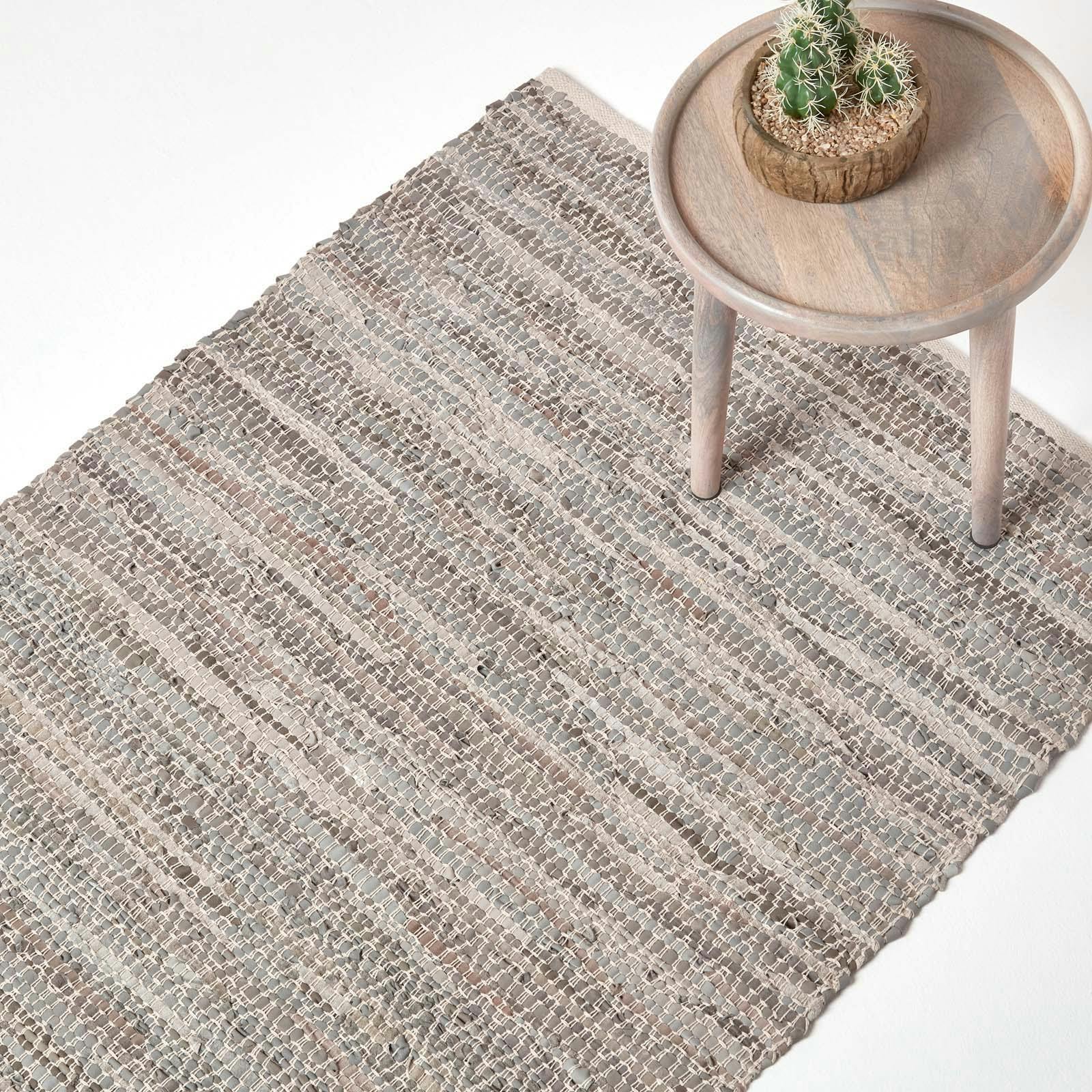 Homescapes Grey Real Leather Handwoven Diamond Pattern Rug - 120 X 180 Cm