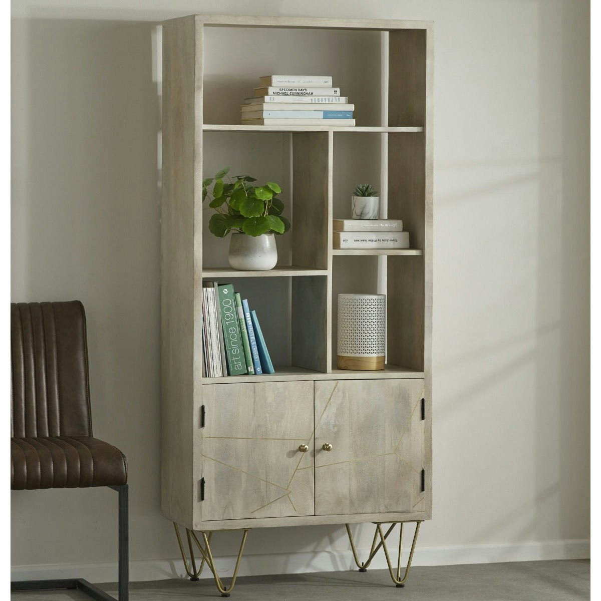 Ih Design Light Multi Shelf Bookcase With Doors Barbuto Mango - Wood - 1 - 80Cm X 35Cm X 180Cm (Lxdxh)