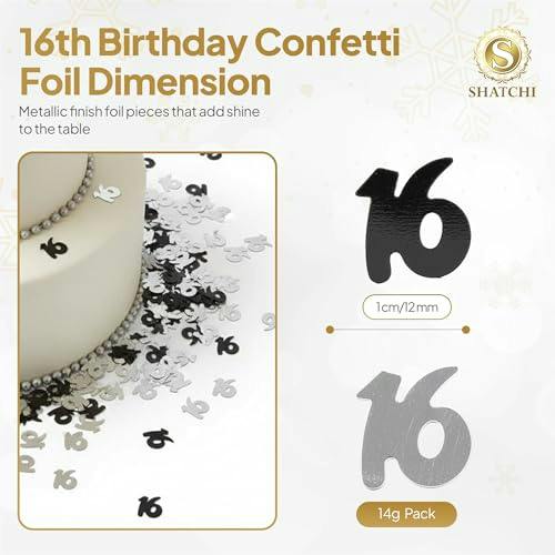Shatchi Black/Silver 16Th Birthday And Metallic Confetti Table Decoration Pack, Available In 1, 2 Or 4 Packs - 1 Pack - Hanging Decoration Set