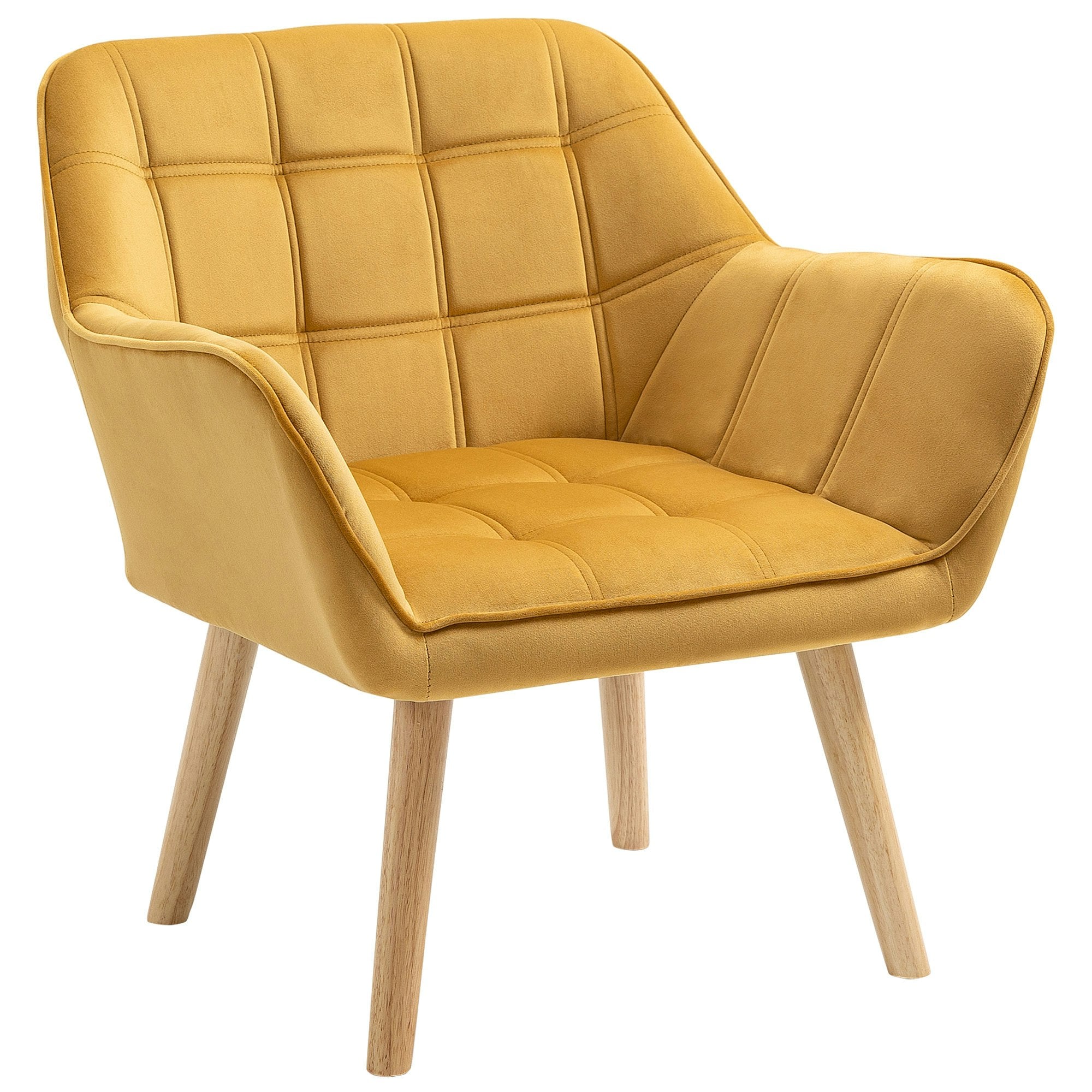 Homcom Yellow Velvet-Feel Accent Chair W/ Wide Arms Slanted Back - Rubber Wooden, Steel, Sponge, Velvet (Polyester)