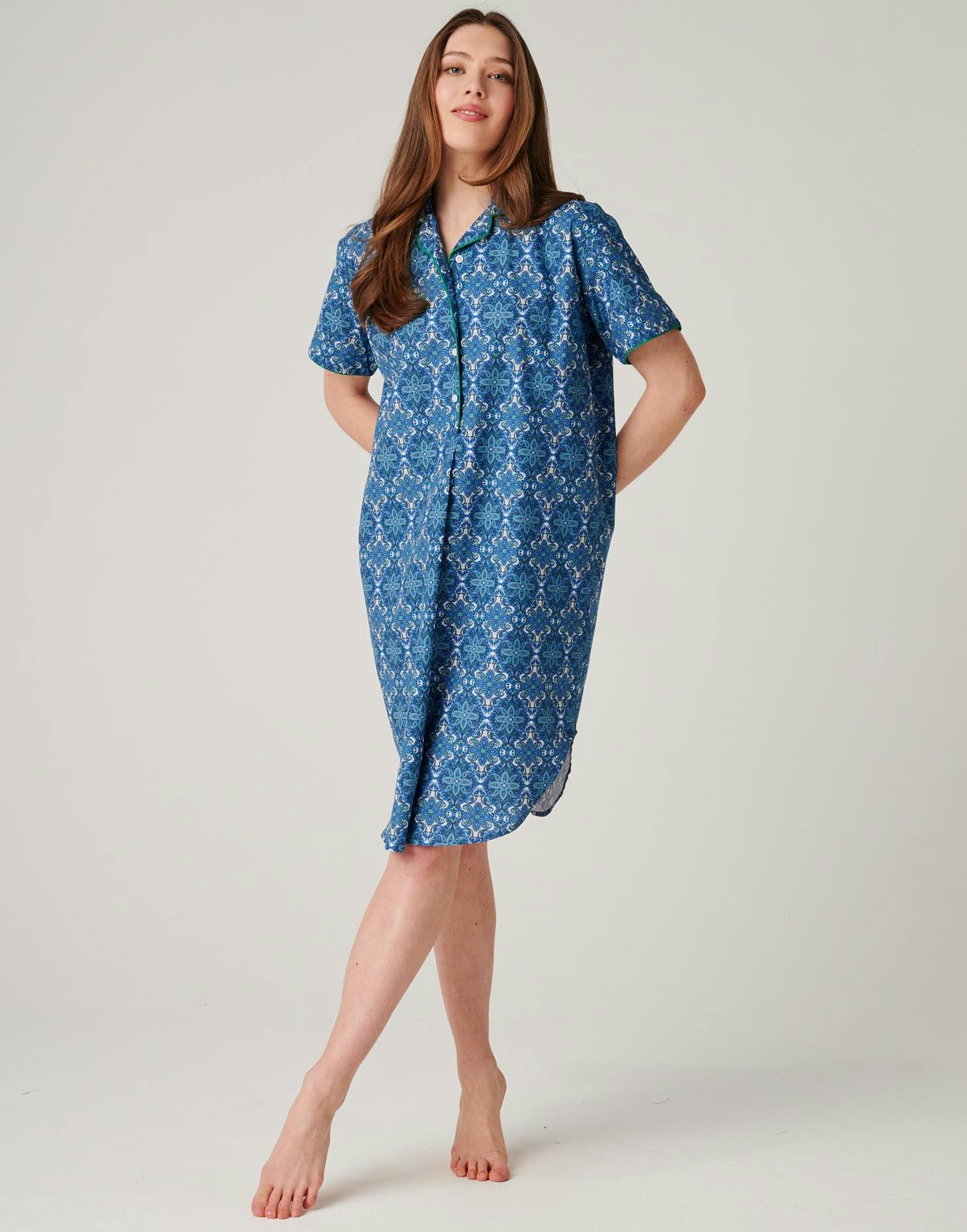 British Boxers Women's Crisp Cotton Short Sleeve Nightshirt – Marrakesh Paisley - Petite