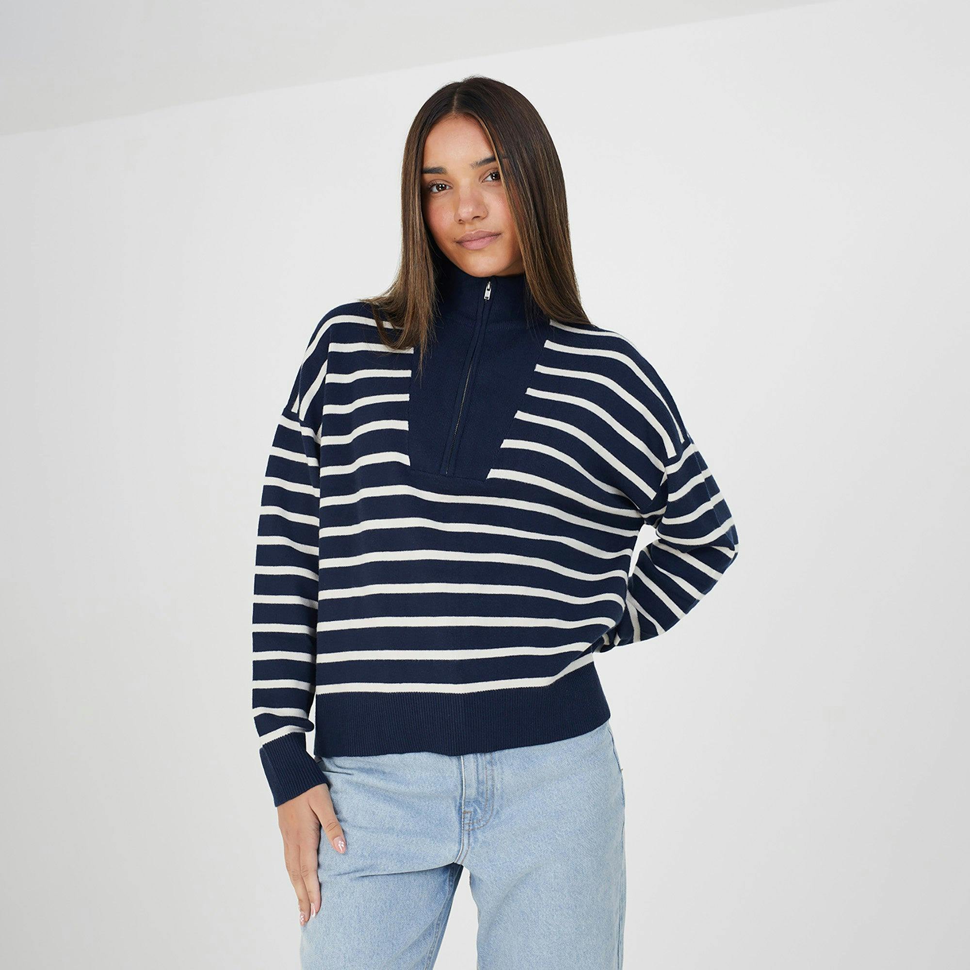 Brave Soul Striped 1/2 Zip Knitted Jumper - Navy - Navy - Xl