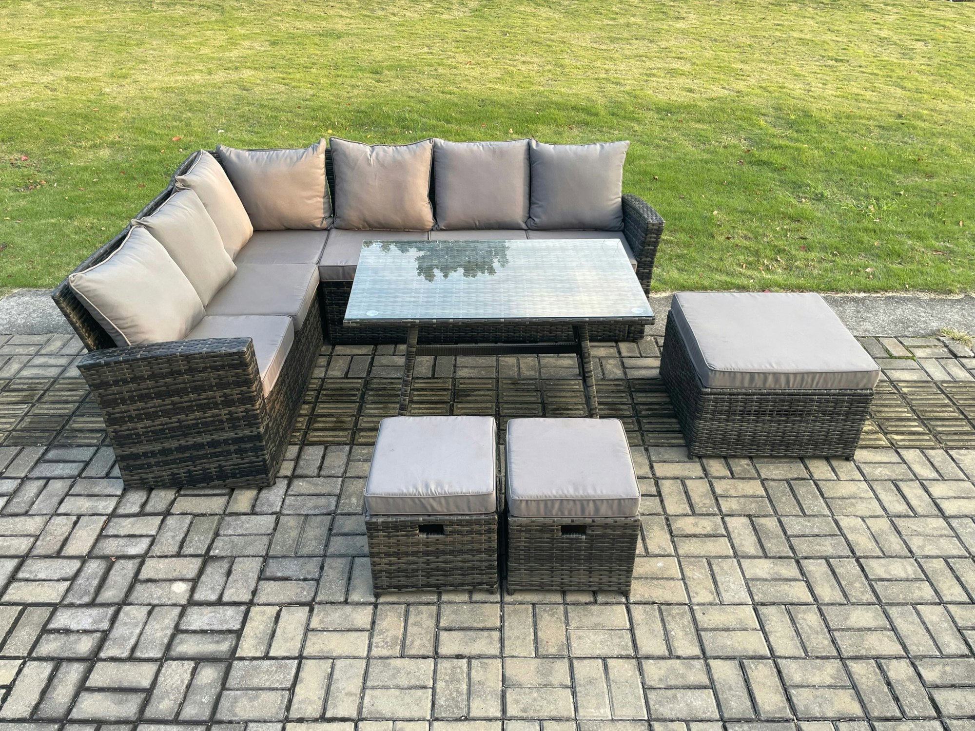 Fimous Dark/Grey Outdoor Furniture Garden Dining Set Rattan Corner Sofa Set With Rectangular Dining Table 3 Footstools Mixed