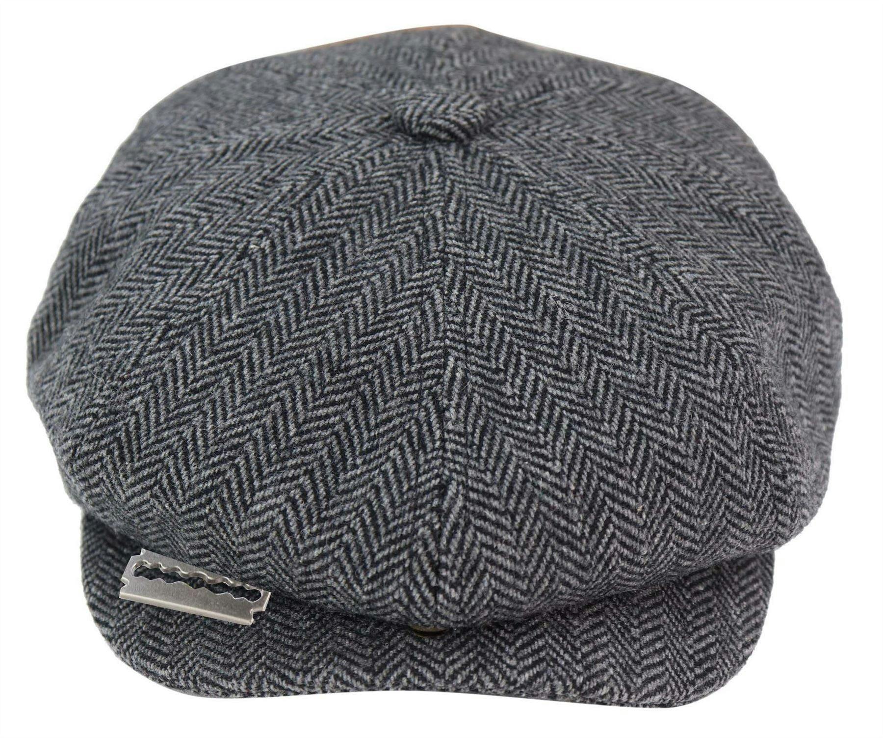 Truclothing Men's Peaky Blinders Tweed Gatsby Flat Baker Hat With Razor Blade - Charcoal - S
