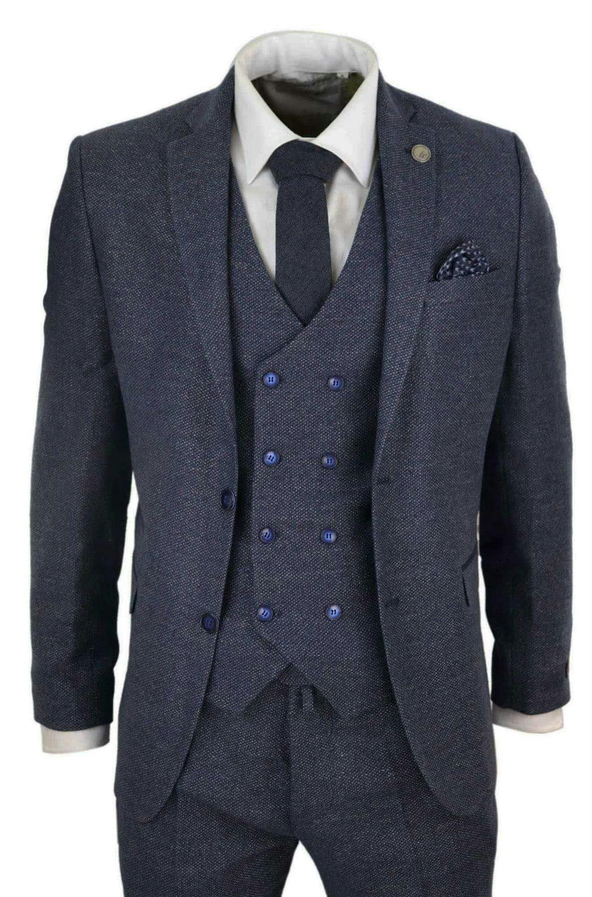 Truclothing Men's Blue Wool 3 Piece Suit Double Breasted Waistcoat Tweed Peaky Blinders 1920S - Navy - 44" Jacket 38" Trousers