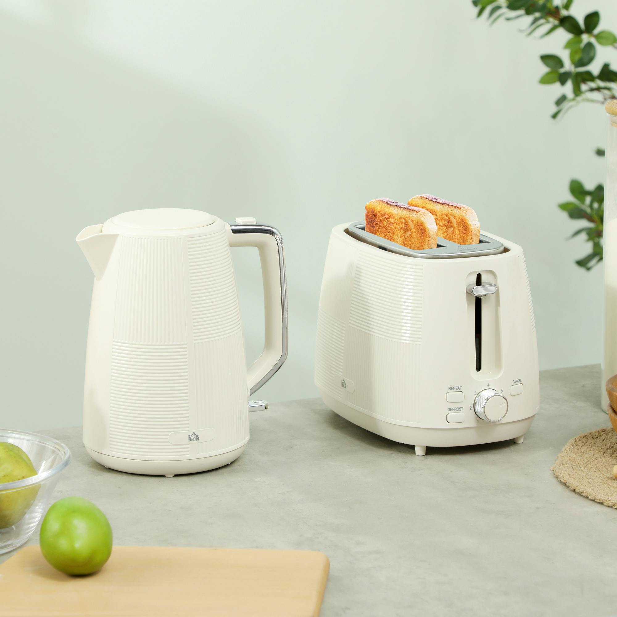 Homcom Cream 1.7L Fast Boil Electric Kettle And 2 Slice Water Toaster Set