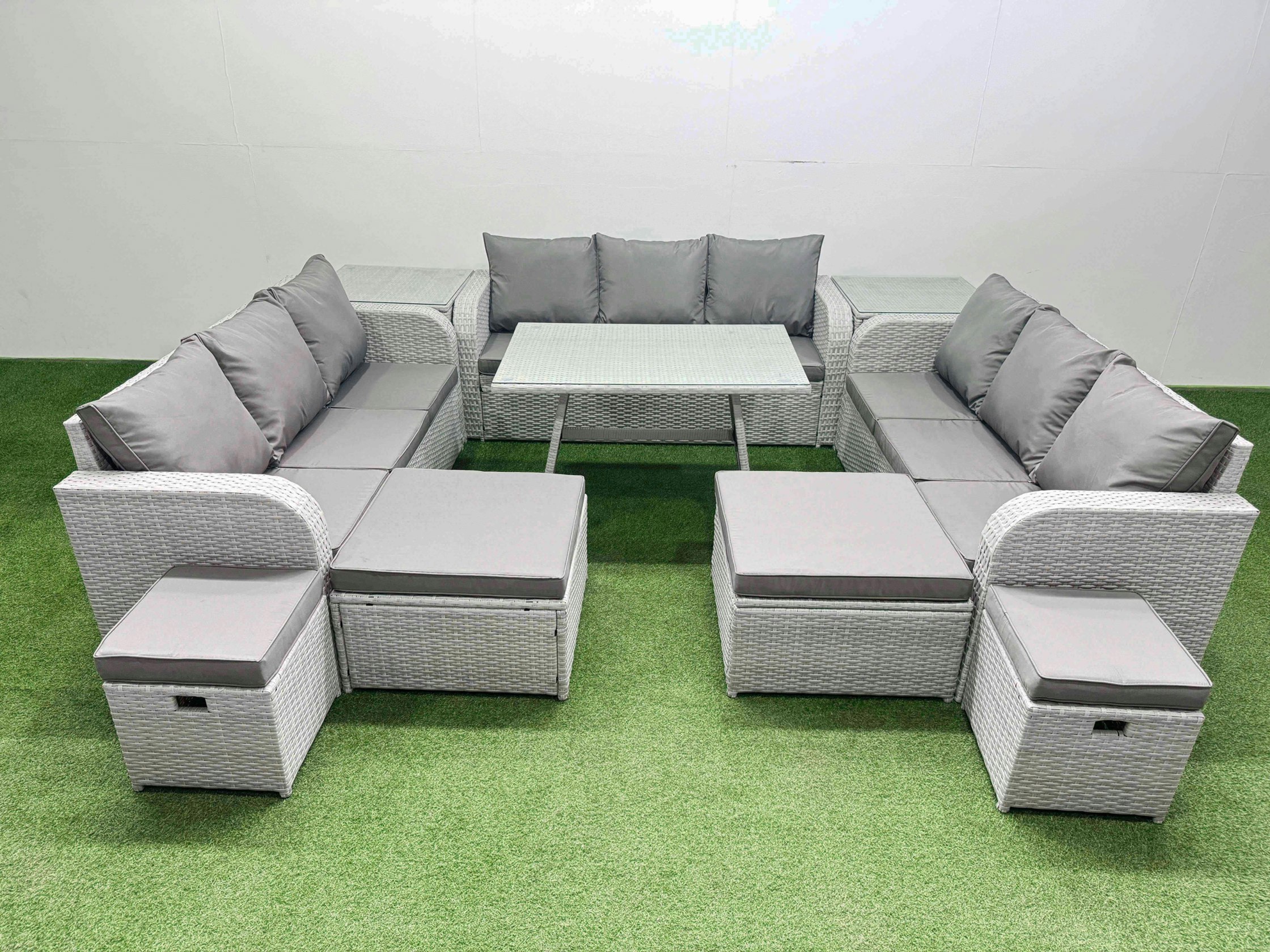 Rackhams Light/Grey Patio Garden Furniture Sets With Dining Table 3 Seater Sofa 2 Side Tables 4 Stool