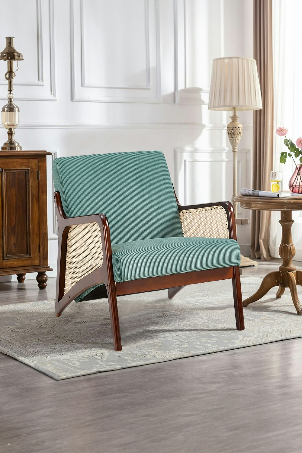 Rackhams Green Corduroy Armchair With Rattan Armrest