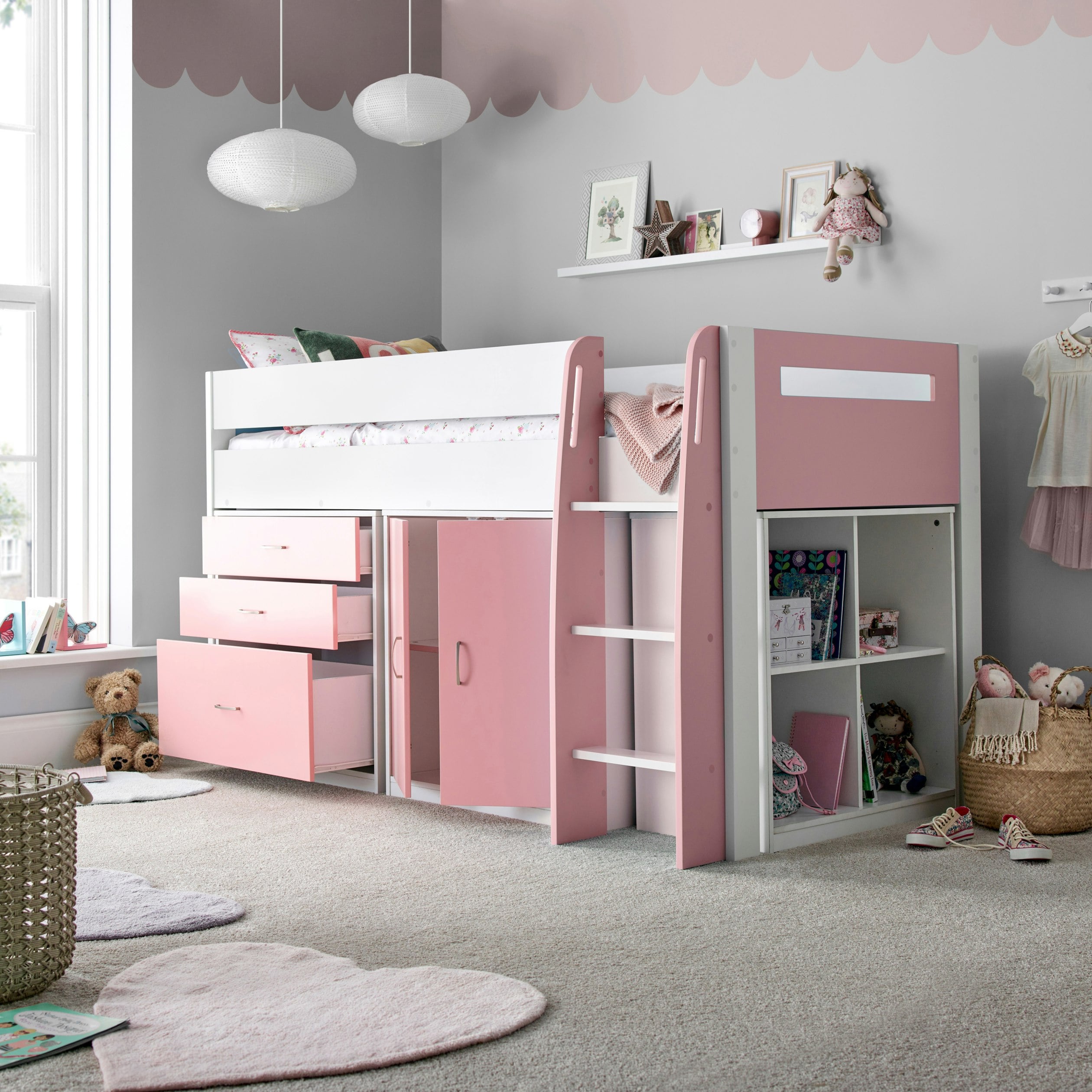 Bedmaster Pink Lacy Storage Mid Sleeper Bed - Bed And Ortho Mattress