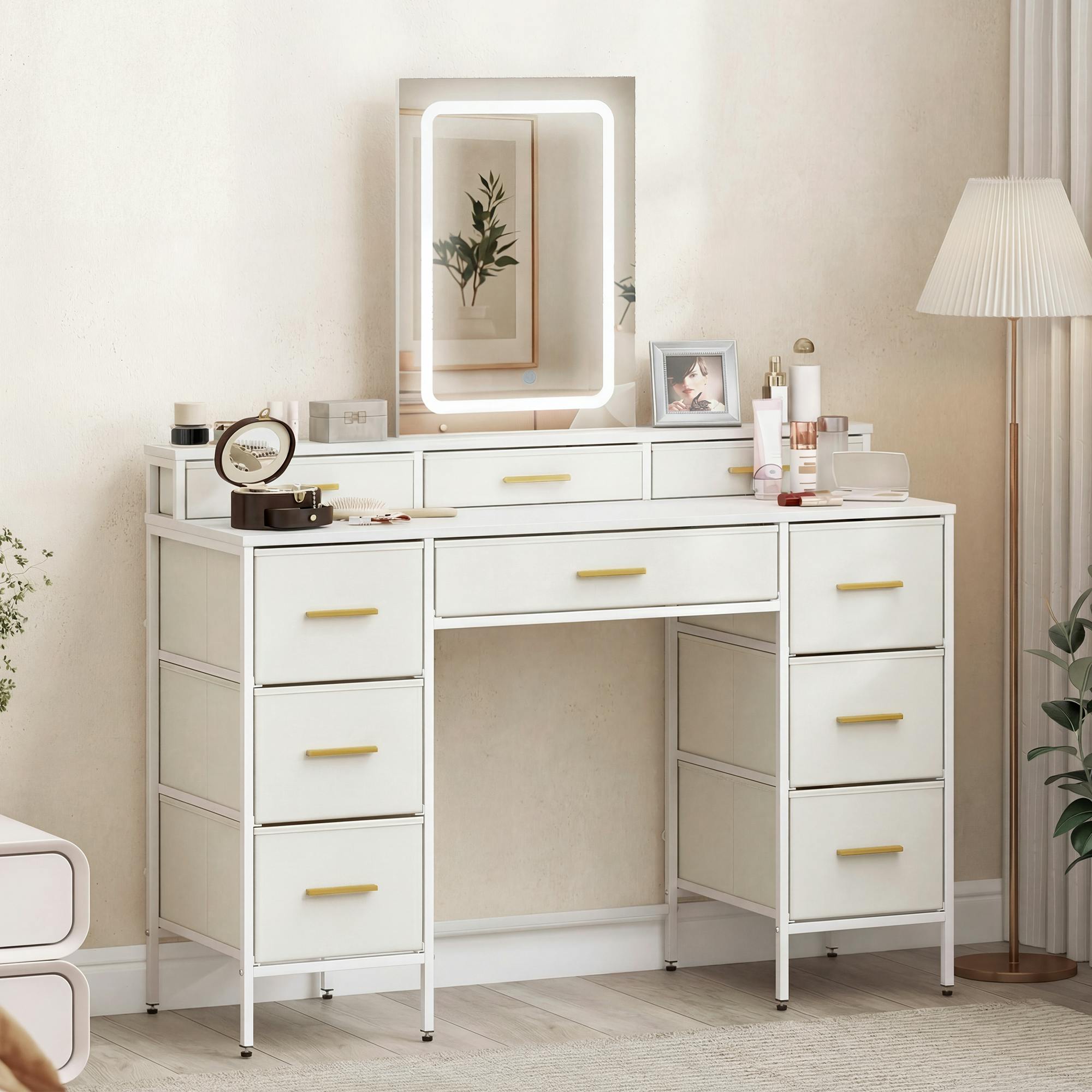 Rackhams White/Light Dressing Table With Led Lighting Mirror And 10 Drawers, - No - Led Mirror With Three Colours