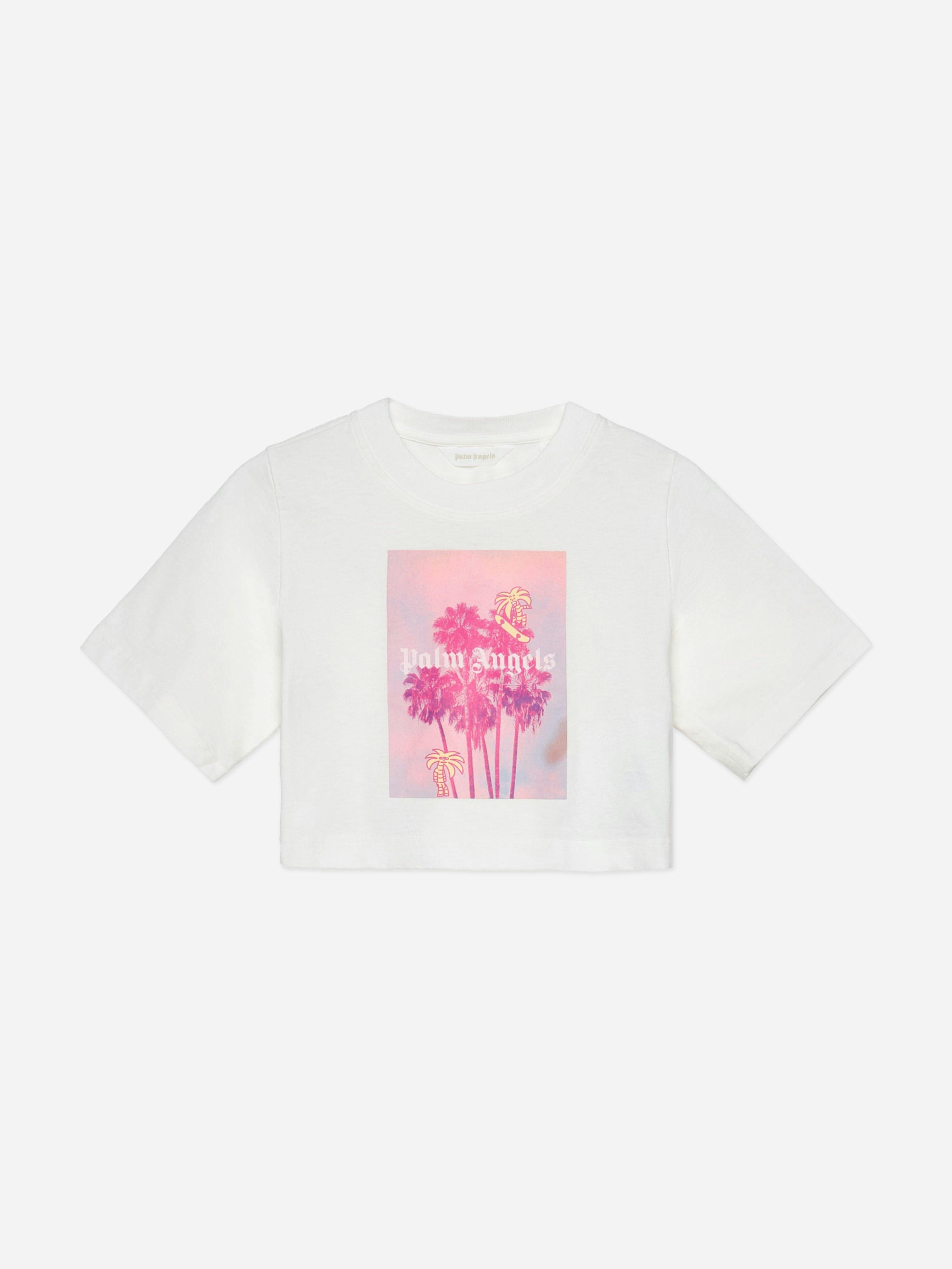 Palm Angels Girls Ivory Palms Landscape Crop Over T-Shirt In - 14 Yrs
