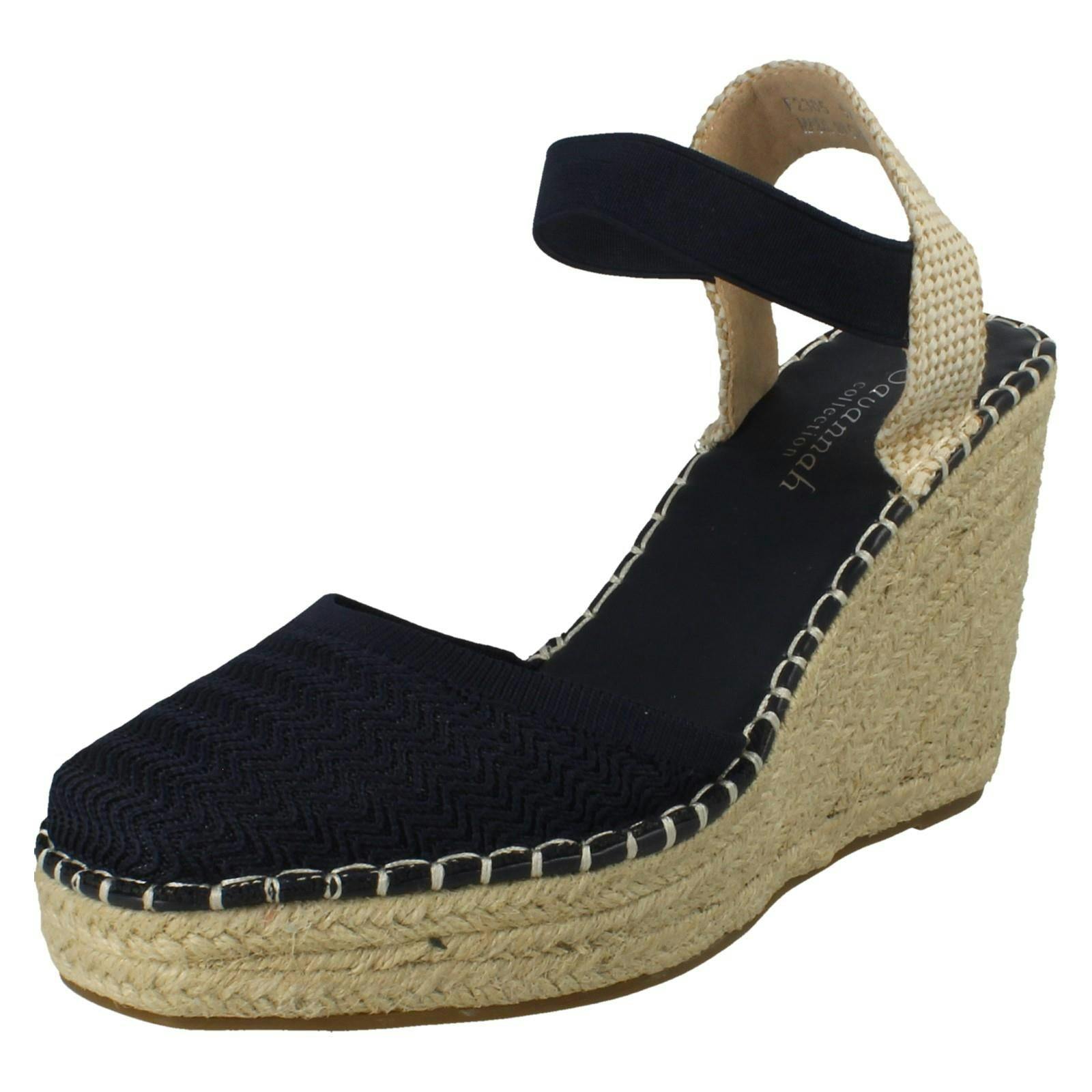 Savannah Women's High Wedge Espadrille Slip On Summer Shoes Sandals F2305 - Navy - Uk 6