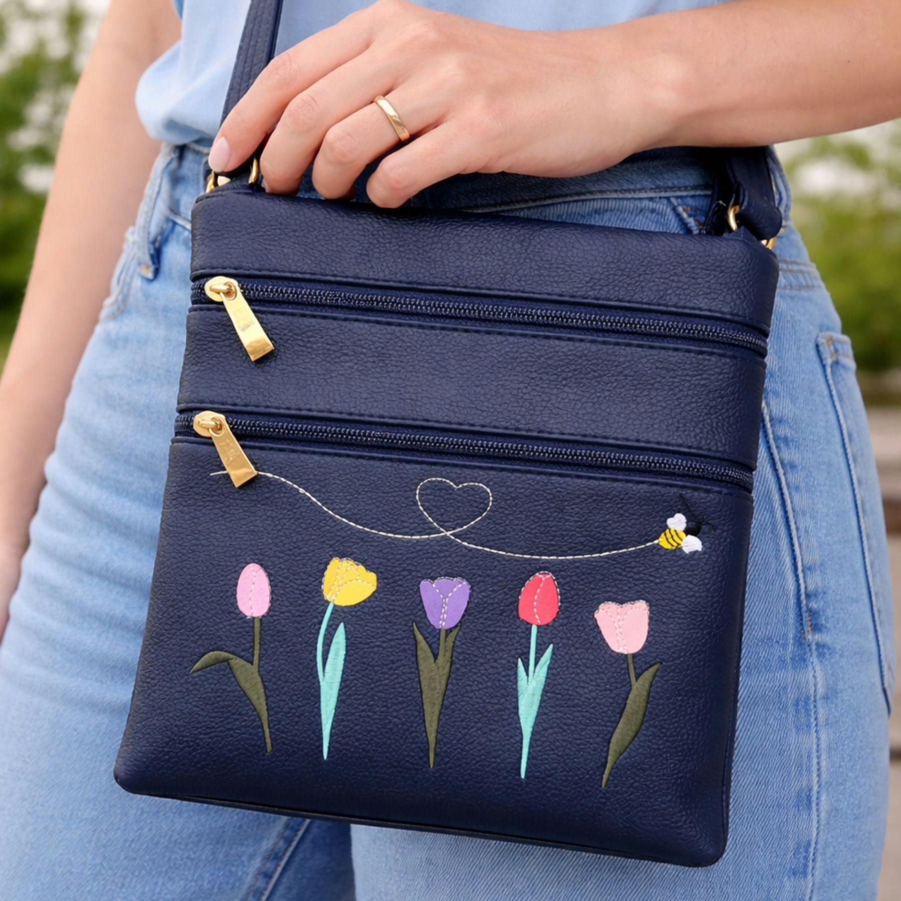 Fores Collection Tulip & Bee Embroidered Crossbody Bag With Adjustable Strap - Navy