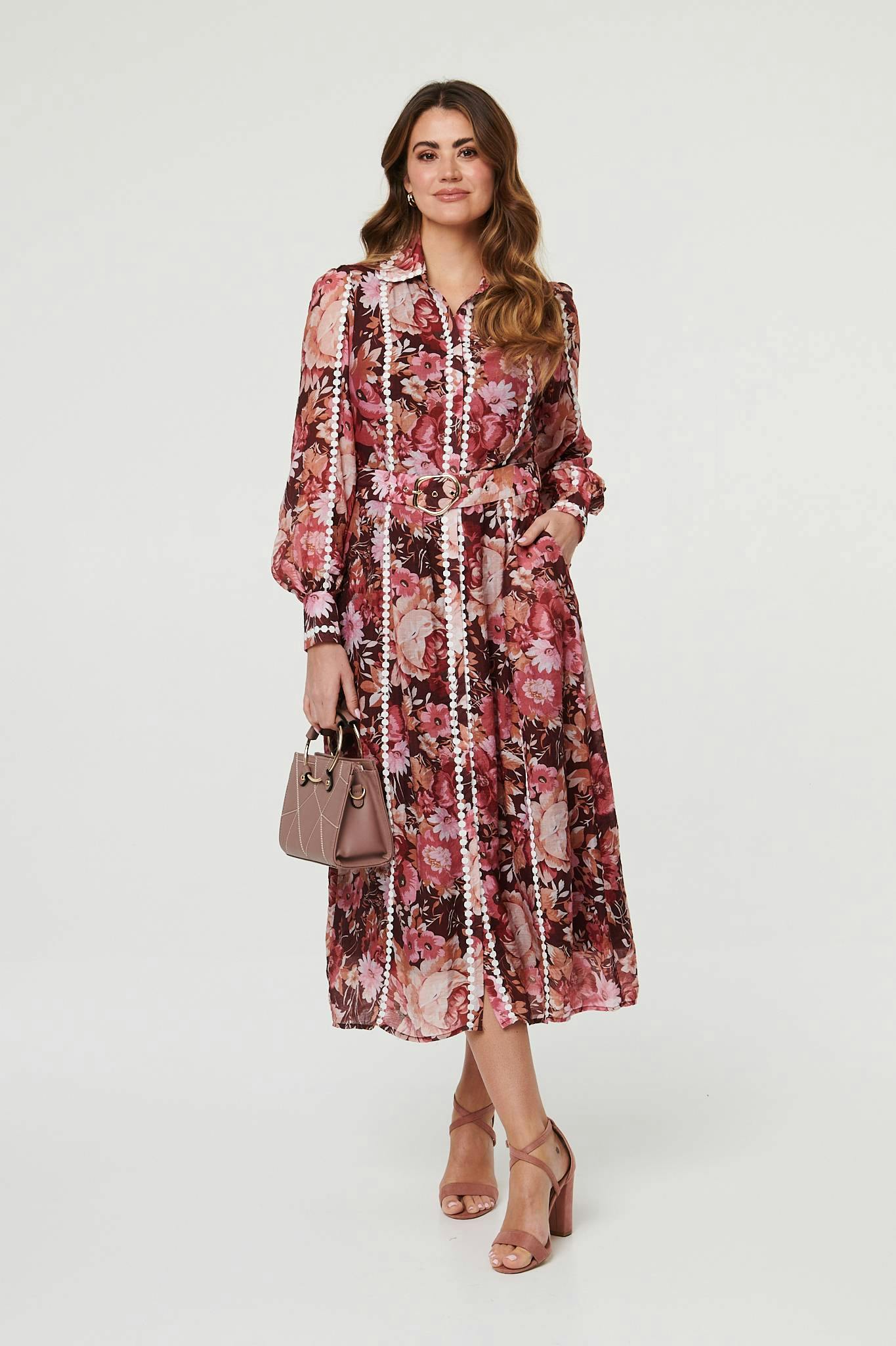 Izabel London Burgundy Floral Lace Detail Long Sleeve Maxi Dress - 10
