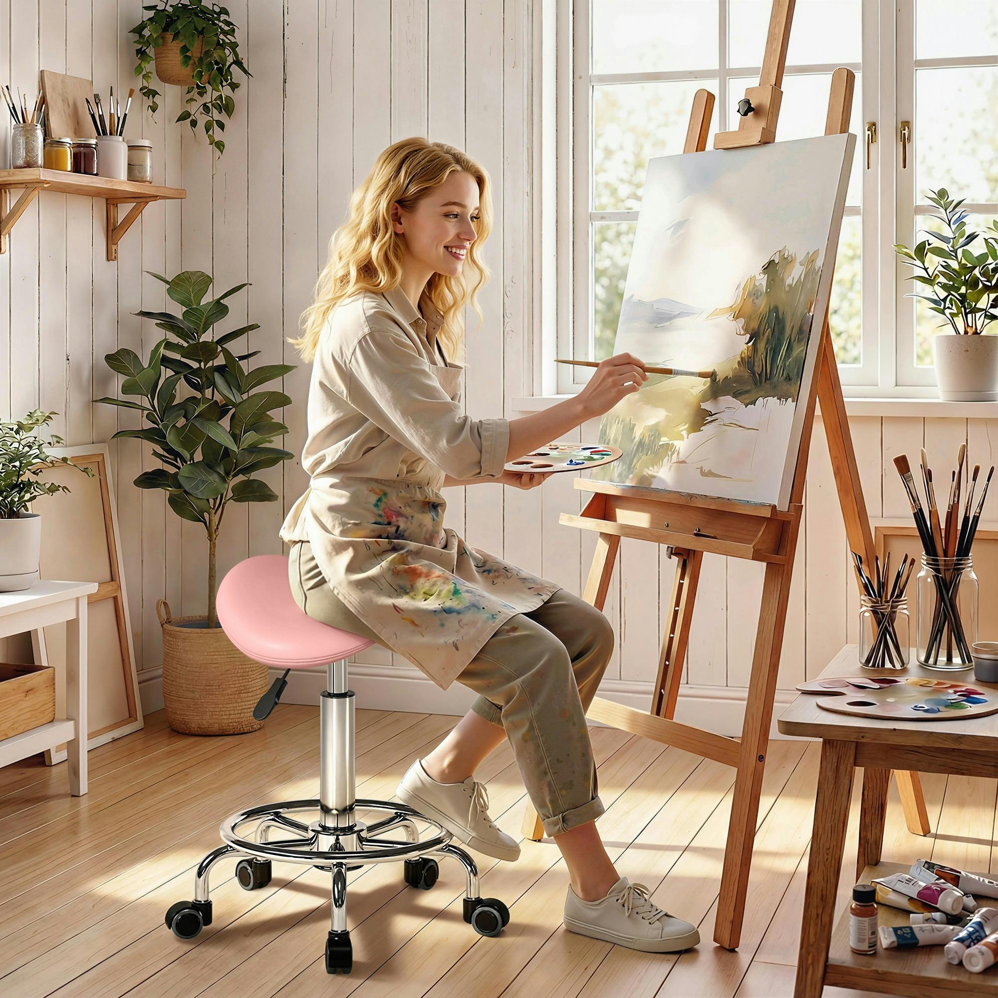 Rackhams Pink Saddle Chair, Rolling Salon Stool For Massage Spa