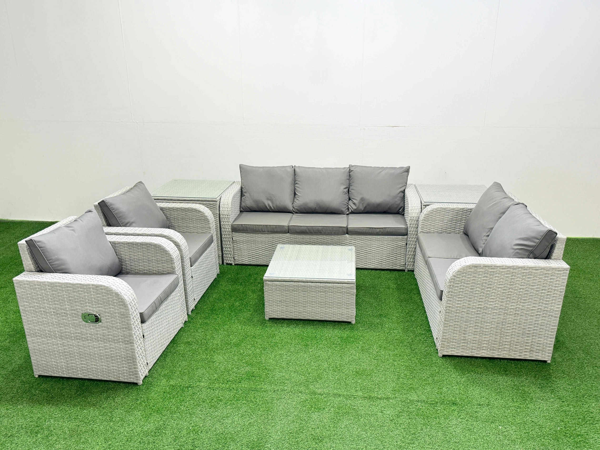 Fimous Light/Grey Pe Rattan Garden Furniture Set Adjustable Chair Sofa Double Love Seat 2 Seater Sofa Lounge Set Square Coffee Table 2 Side Table
