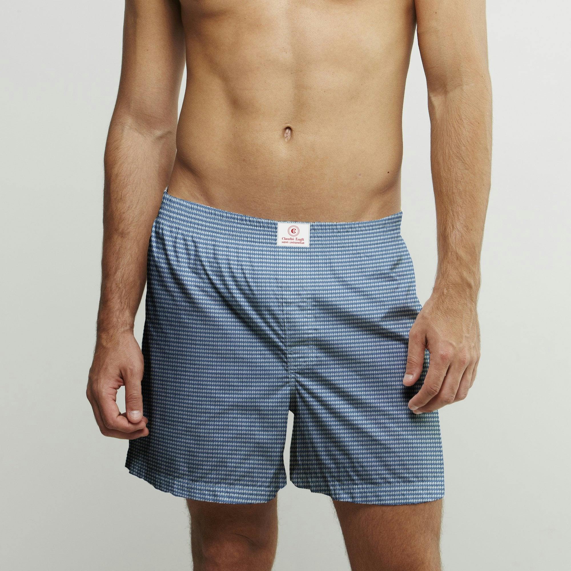 Claudio Lugli Blue Puppytooth Cotton Poplin Print Boxer Shorts - Xl