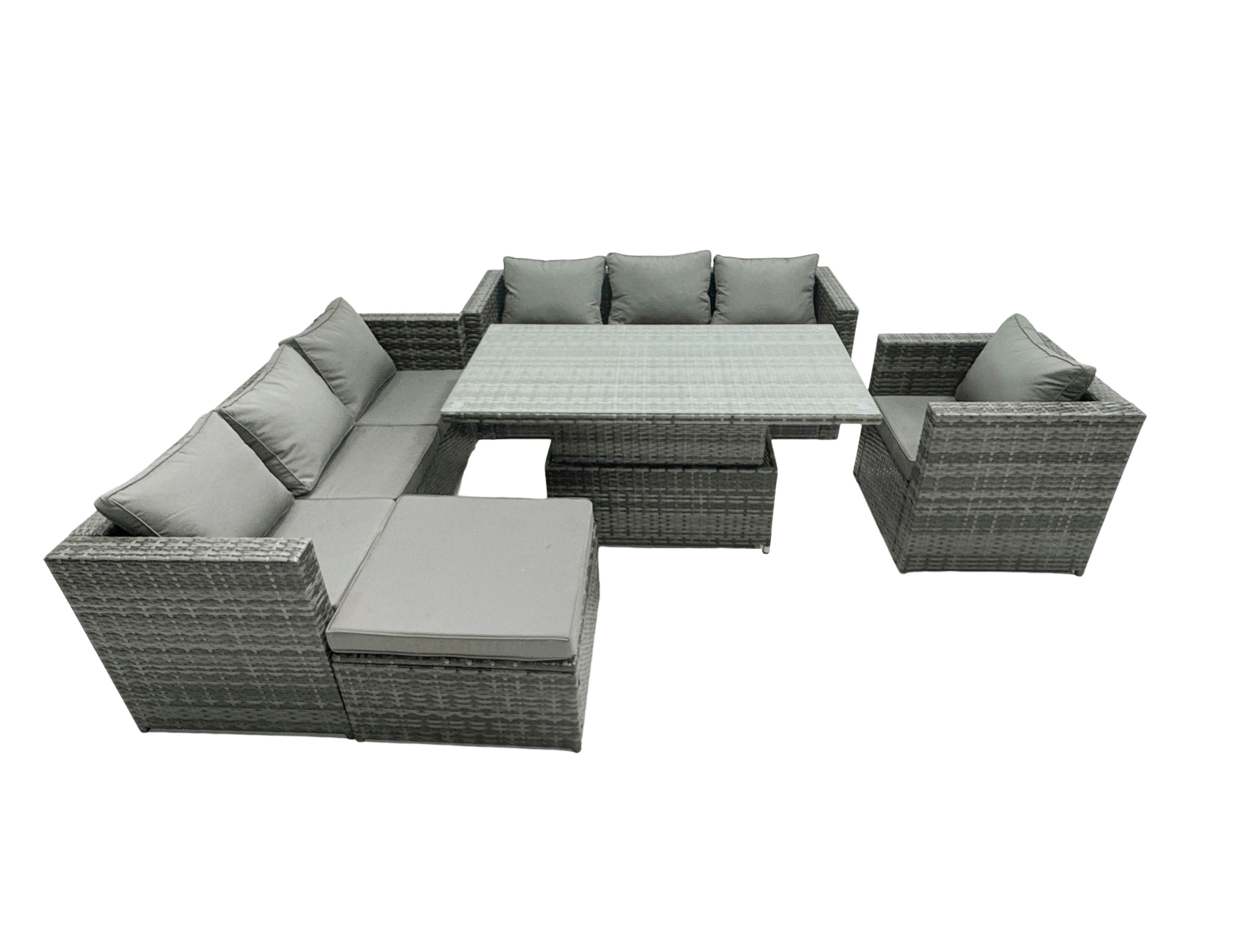 Fimous Dark/Grey 8 Seater?Outdoor Rattan Sofa Set Adjustable Rising Lifting Dining Table Side Coffee Table Chairs Footstool Mixed