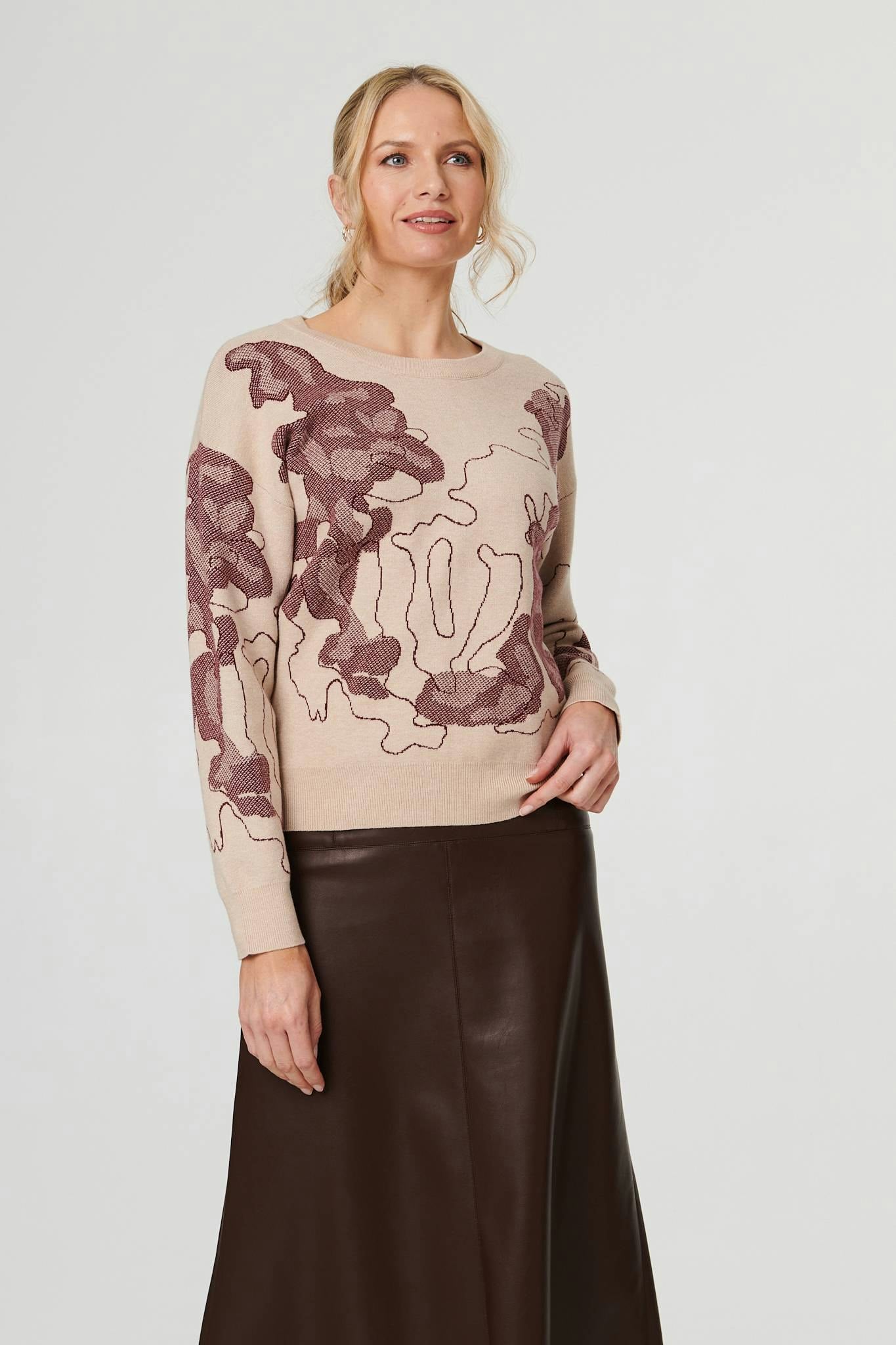 Izabel London Burgundy Abstract Print Long Sleeve Sweatshirt - 18