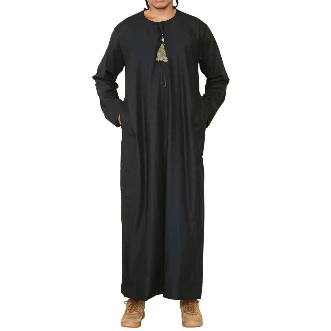 Thobez Men's Black Thobe Jubba Islamic Clothing Muslim Kaftan Emirati Omani Robe Arab Tassel - 2XL