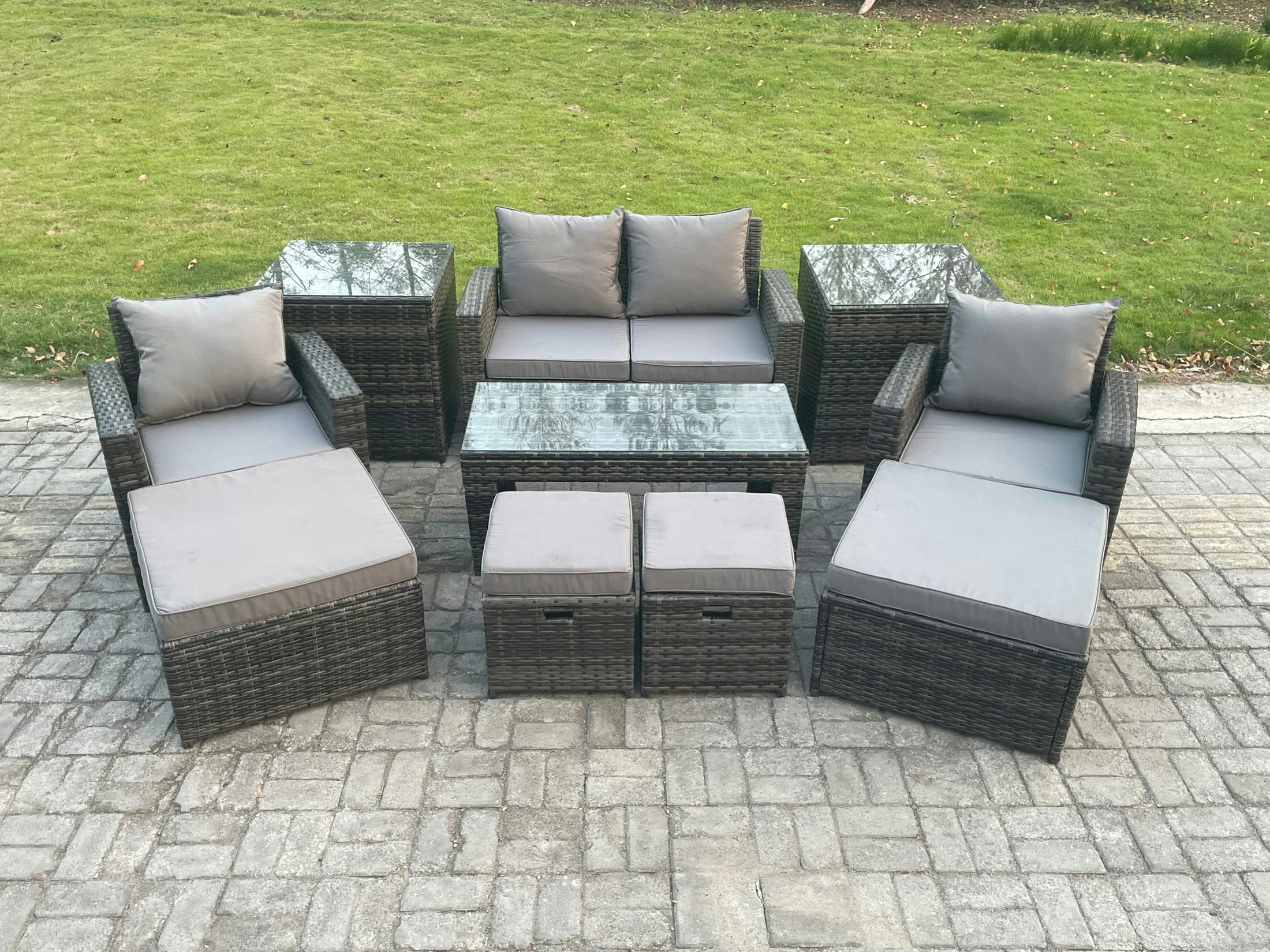 Rackhams Dark/Grey High Back Rattan Garden Sofa Set - Mixed Patio Furniture With Rectangular Coffee Table & Armchair